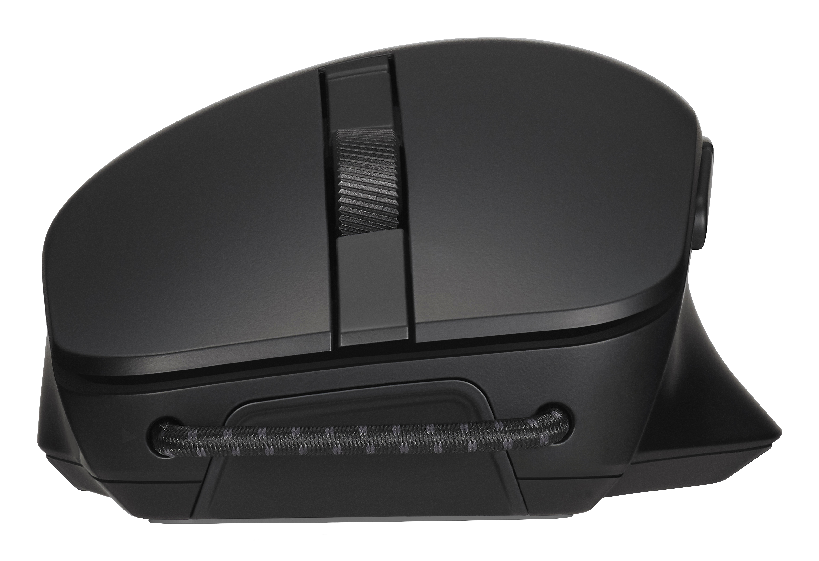 Mouse da gaming nero con rotella testurizzata e cavo intrecciato.