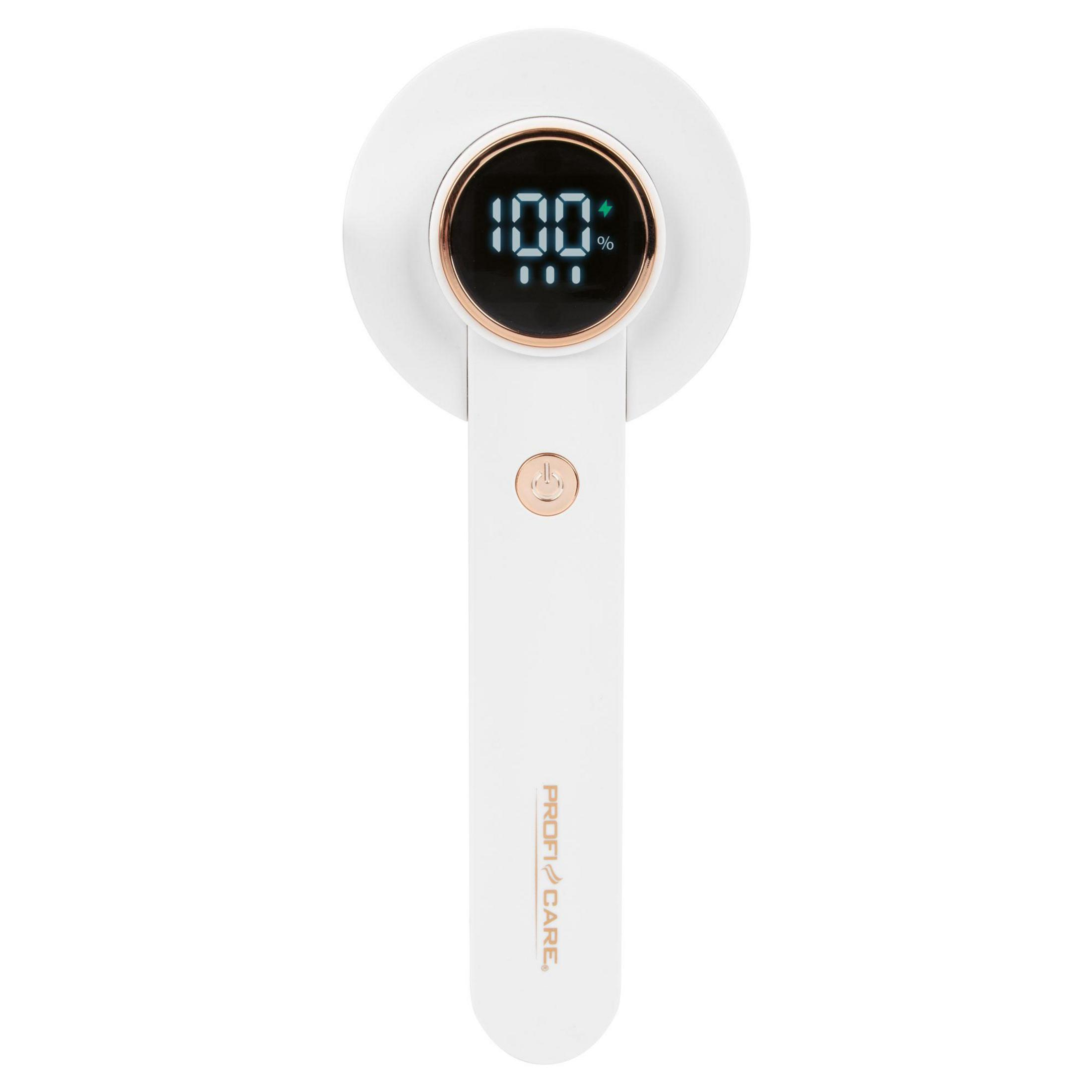 Ein weißes Gerät mit digitaler Anzeige von 100% und einem Power-Button.