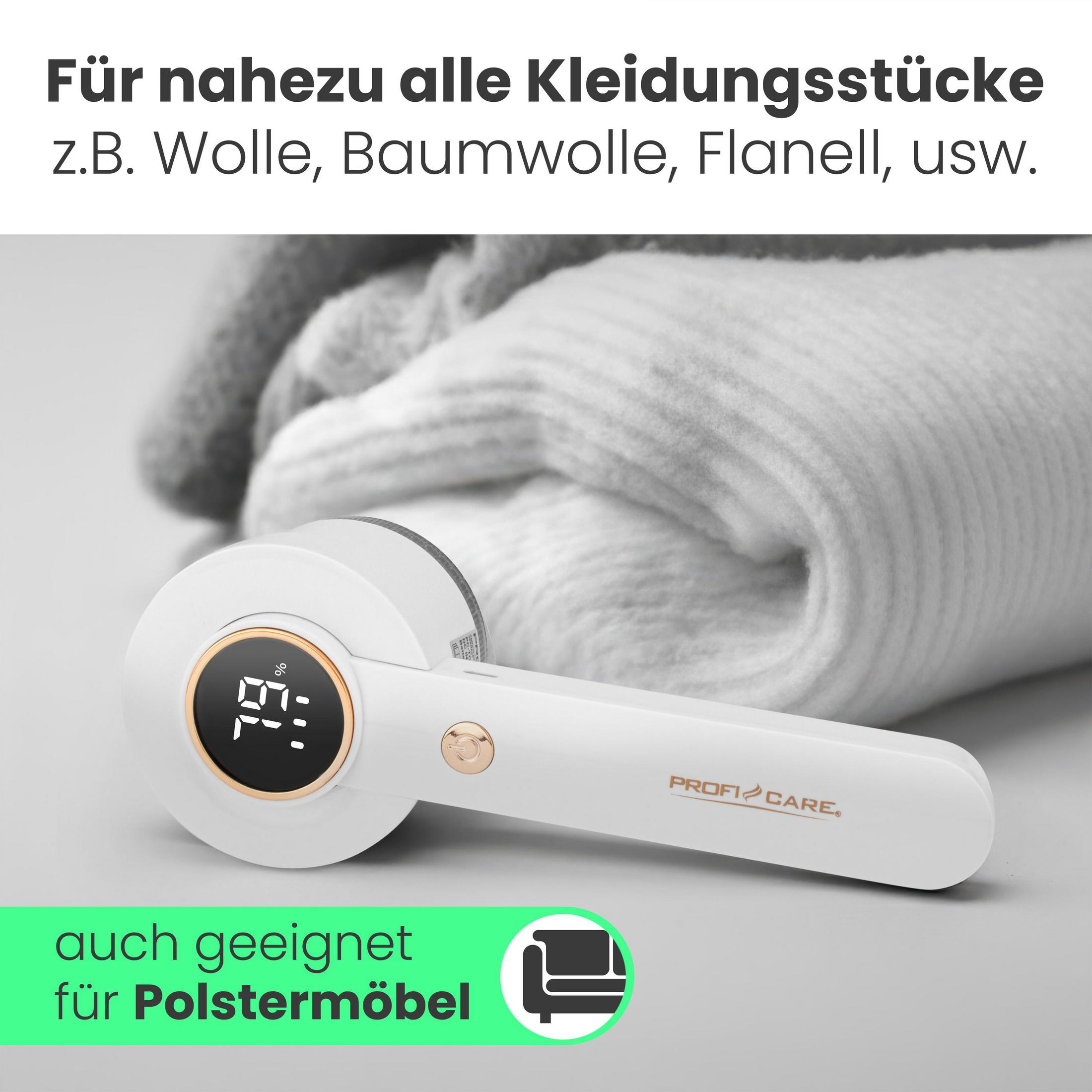 Ein weißes Gerät zur Stoffpflege mit Display vor einem flauschigen Stoff.