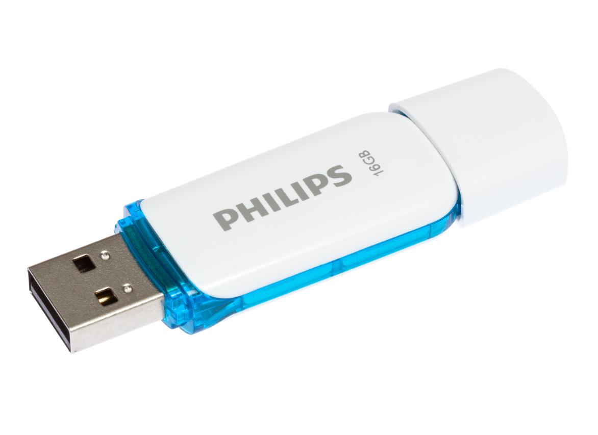 Una chiavetta USB Philips bianca da 16 GB con accenti blu, isolata.