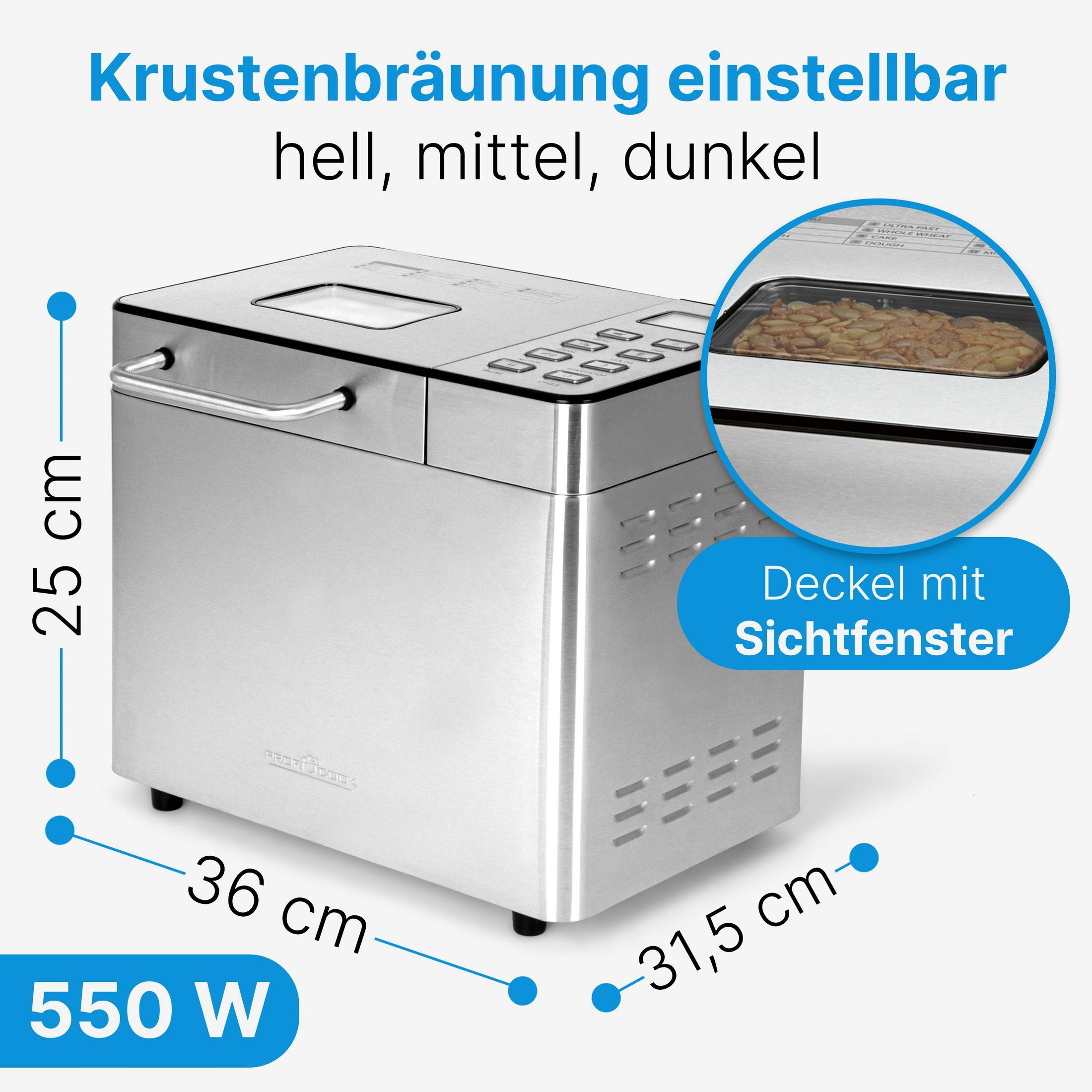 Edelstahl brotmaschine mit Sichtfenster und Maßen 25x36x31,5 cm, 550W.