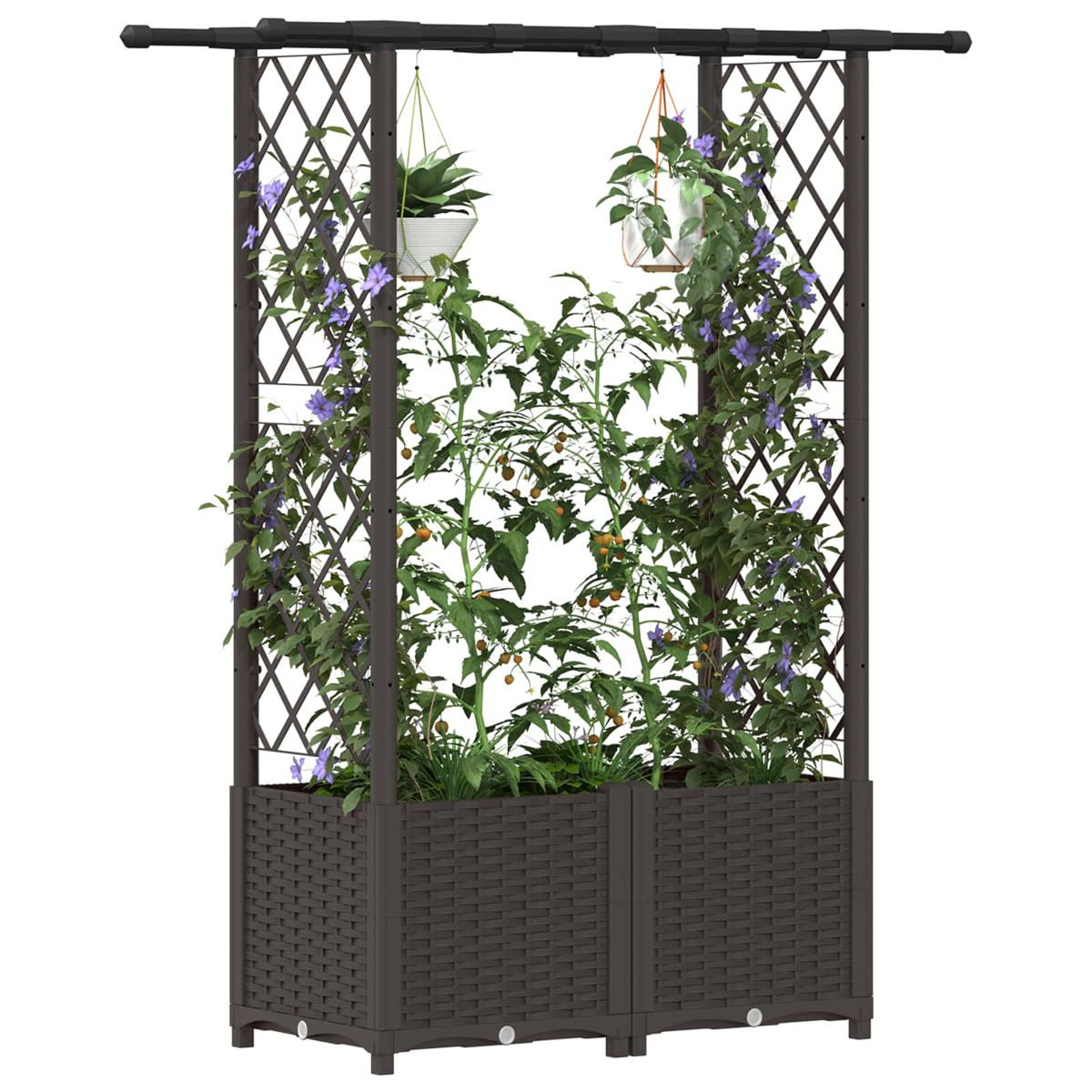 Dunkelbrauner Pflanzturm mit Rankgitter und Pflanzen mit lila Blüten und Tomaten.