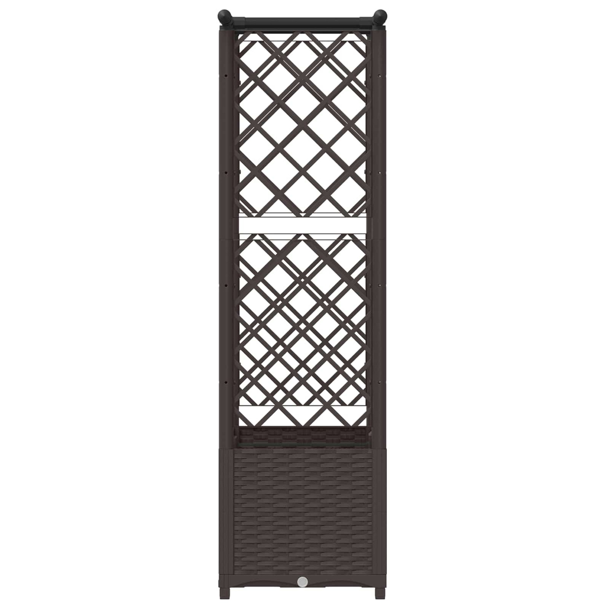 Dunkelbrauner, hoher, rechteckiger Rankgitter-Pflanzkasten mit Rattan-Optik unten und Gitter oben.