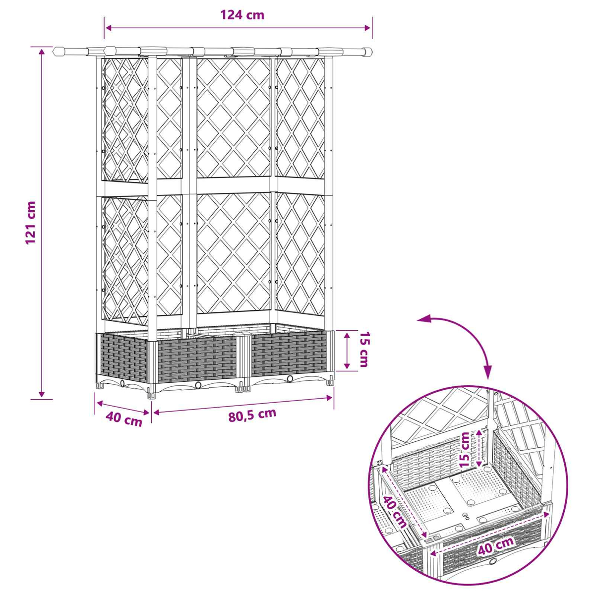 Gitterpavillon mit Korbgeflecht-Basis, Maße: 124x40x121 cm.