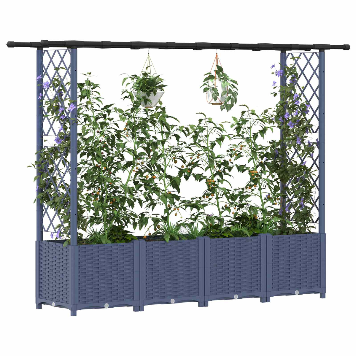 Ein blauer Hochbeet-Pflanzkasten mit Rankgittern und Pflanzen.