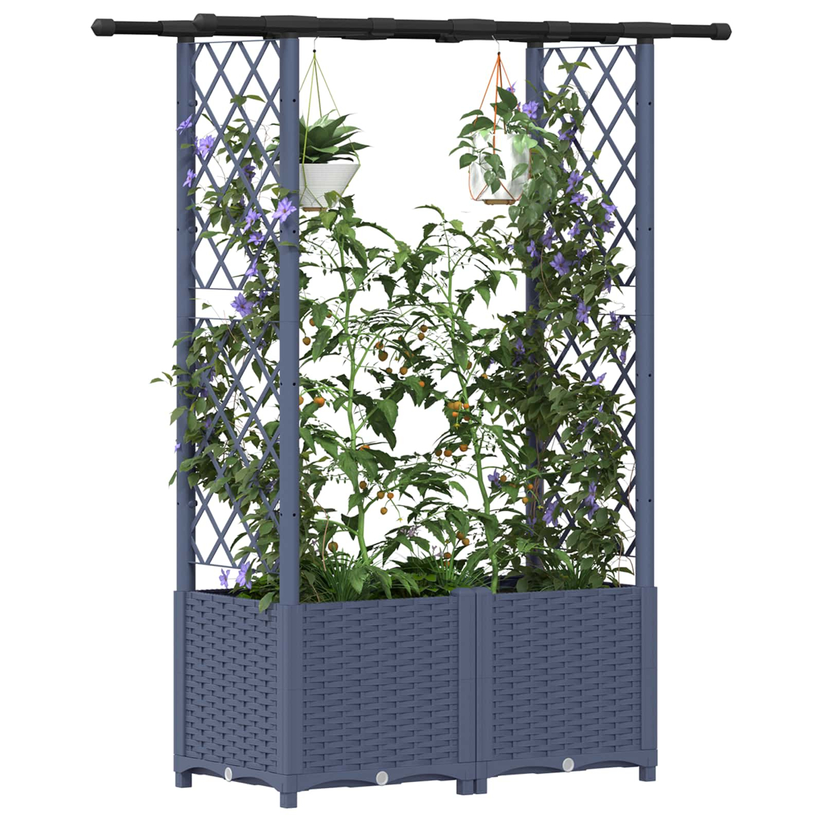 Ein graues Spalier-Pflanzgefäß mit grünen Pflanzen und lila Blumen.