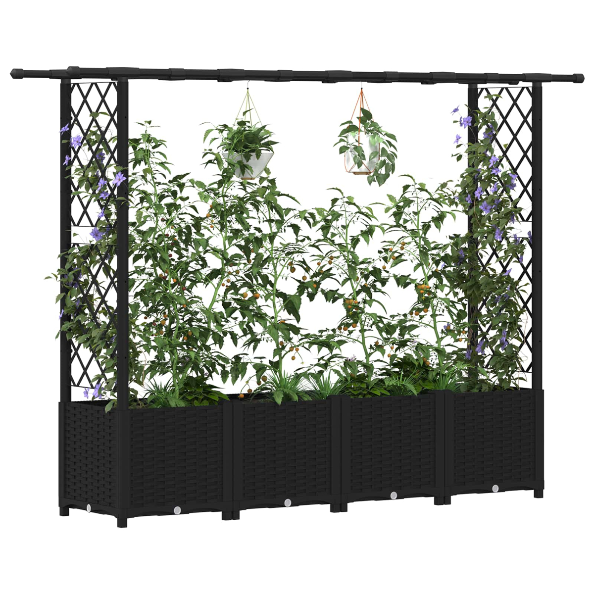 Schwarzer Pflanzturm mit Rankgittern, Tomatenpflanzen und Hängeampeln.