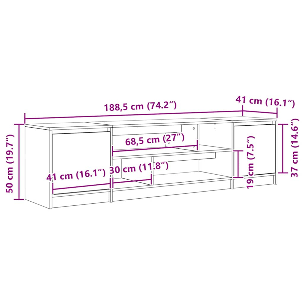 Diagramm eines langen, niedrigen Schranks mit Maßen. Er hat zwei Türen links und Regale rechts.