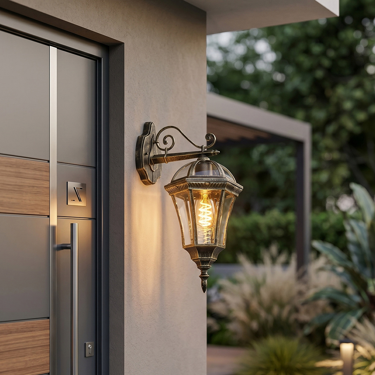 Antike Wandlampe mit Glühbirne leuchtet neben einer modernen Tür im Freien.