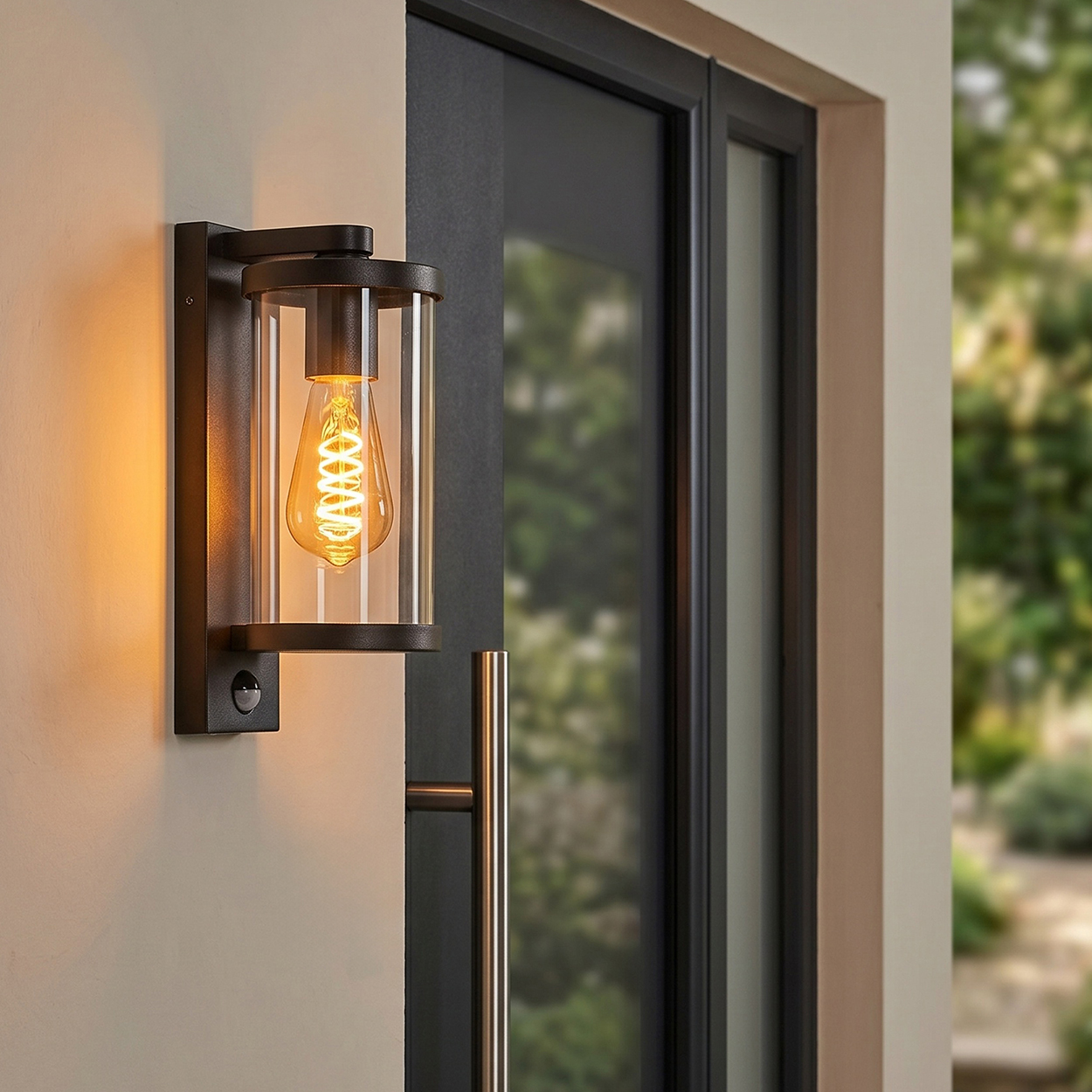 Moderne Wandleuchte mit Glaszylinder und Glühbirne vor einer Tür und Bäumen.