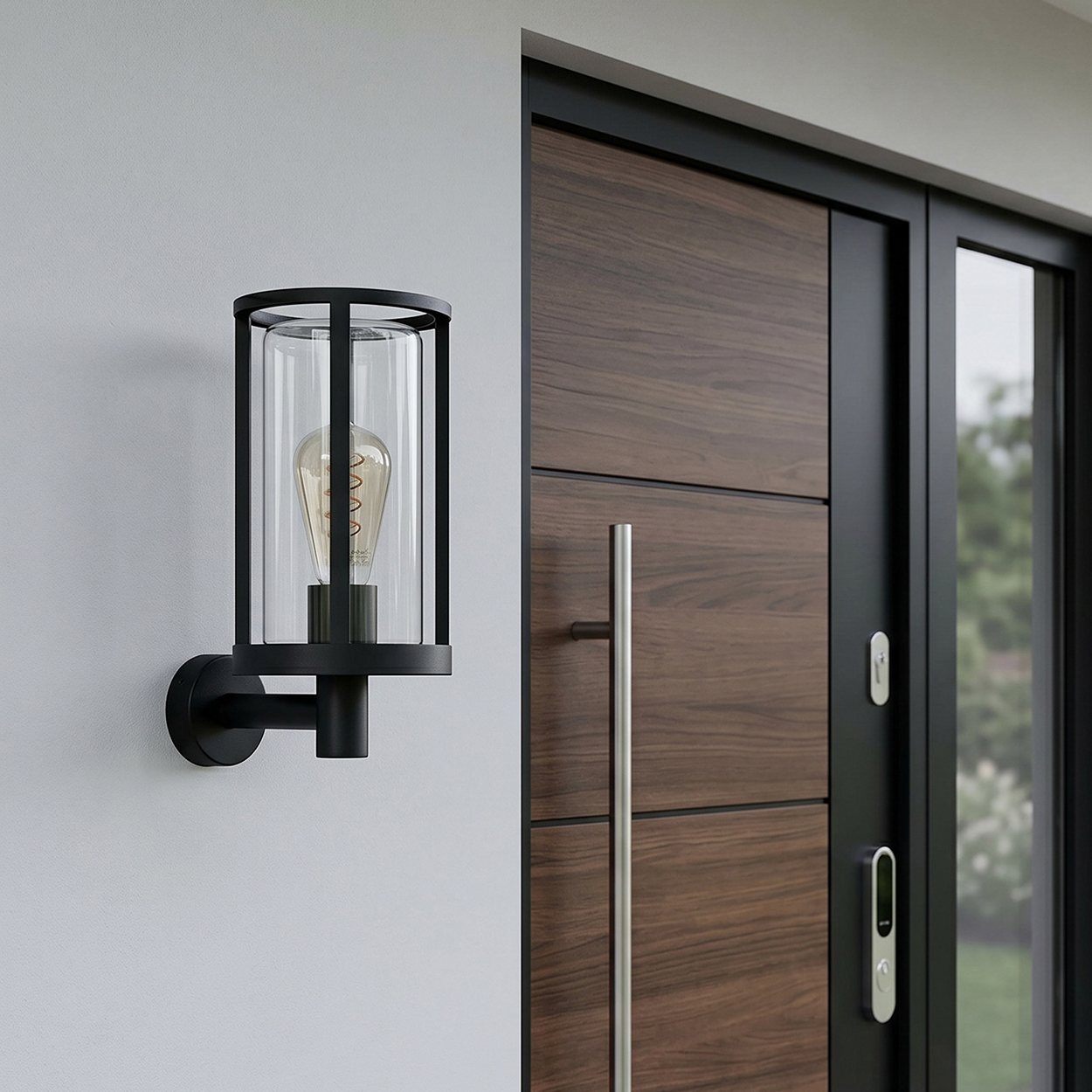 Eine schwarze Außenwandleuchte mit Glaszylinder und Edison-Birne ist an einer weißen Wand neben einer modernen Holztür montiert.