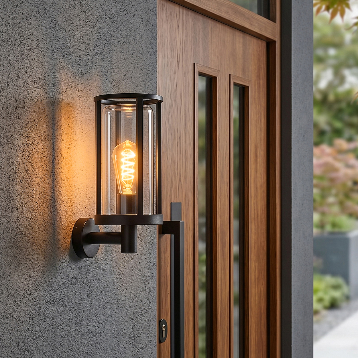 Eine moderne Außenwandleuchte mit Glaszylinder und Glühbirne neben einer Holztür.