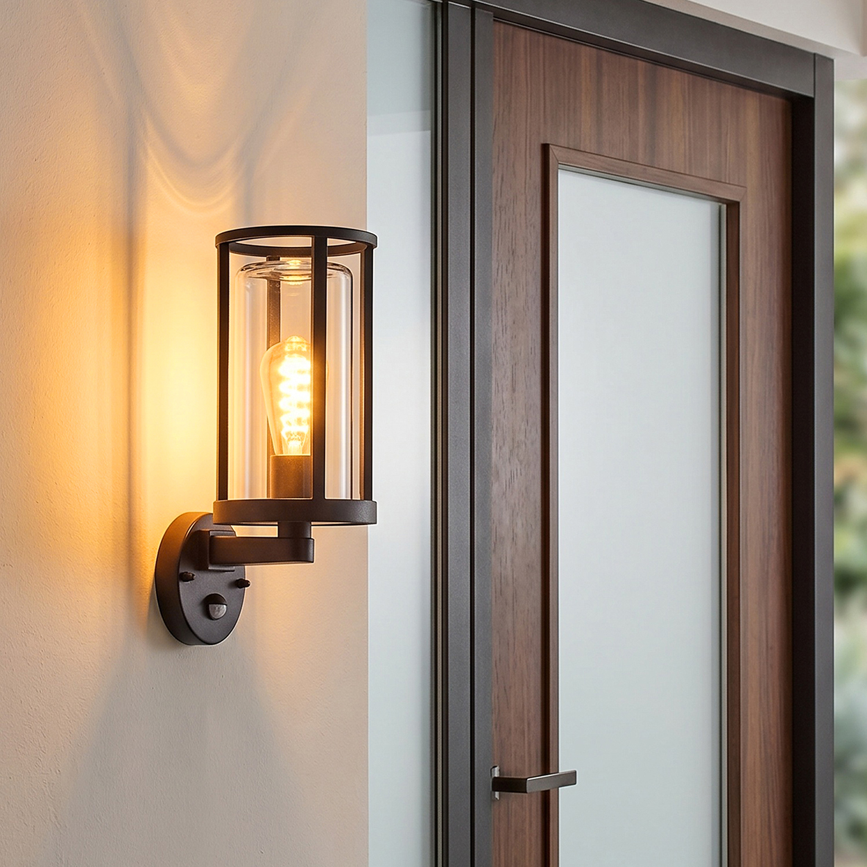 Eine moderne schwarze Außenwandleuchte mit Glaszylinder und Edison-Birne, neben einer Holztür.