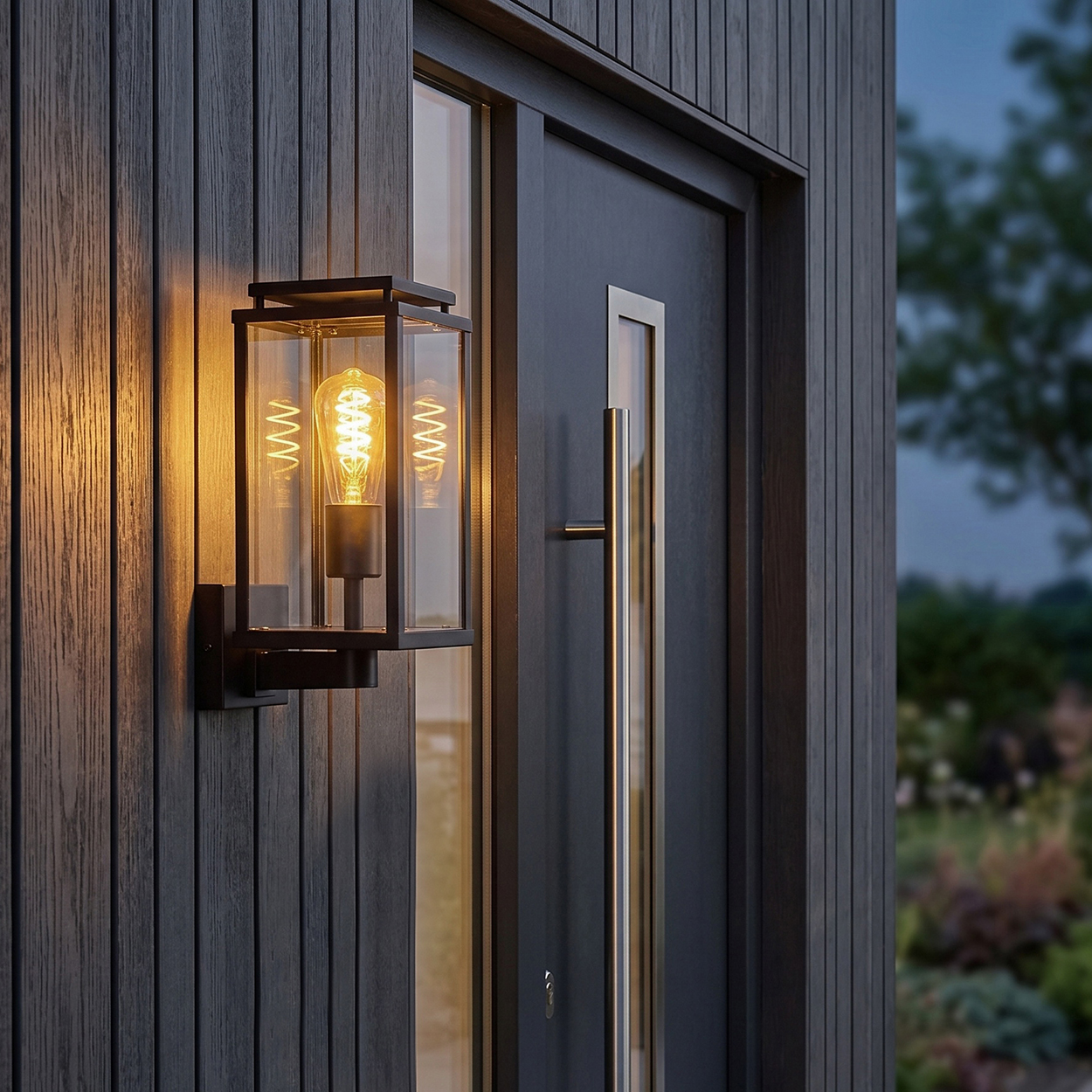 Eine moderne schwarze Wandleuchte mit Glasschirm und glühender Edison-Glühbirne.