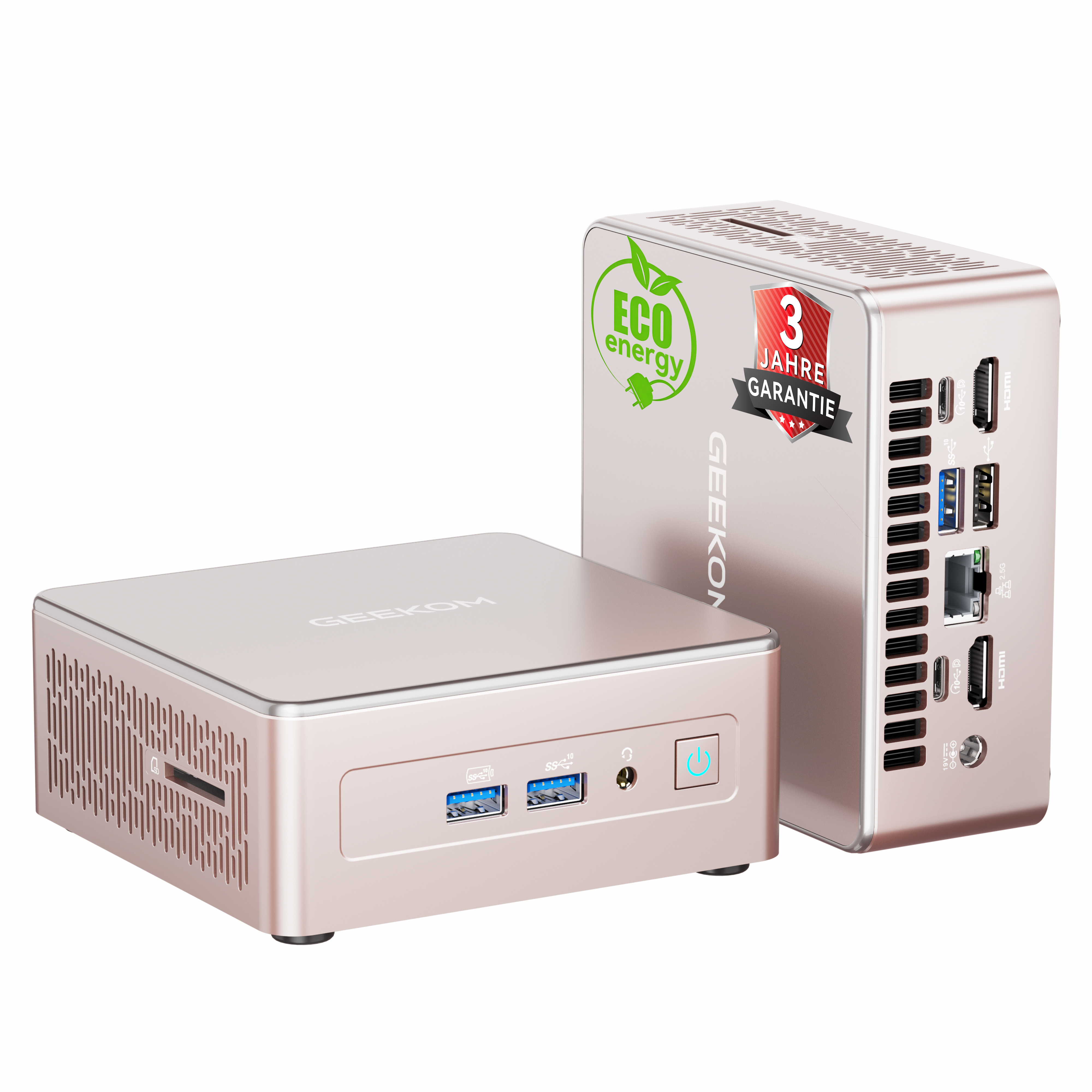Zwei roségoldene Mini-PCs nebeneinander, mit Anschlüssen und Garantie-Label.