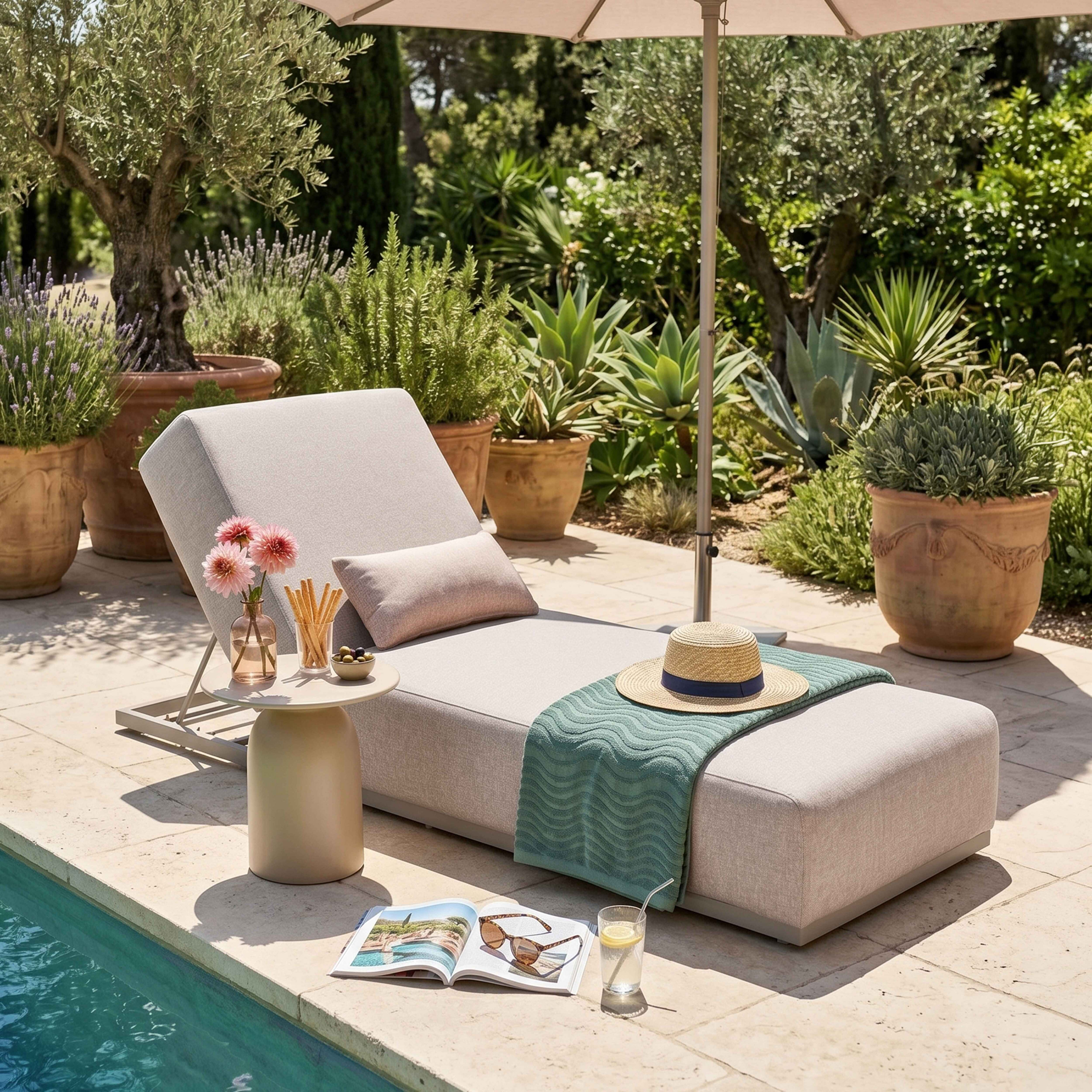 Eine Chaiselongue mit Strohhut und Handtuch steht neben einem Pool. Blumen und Getränke stehen auf einem Beistelltisch.
