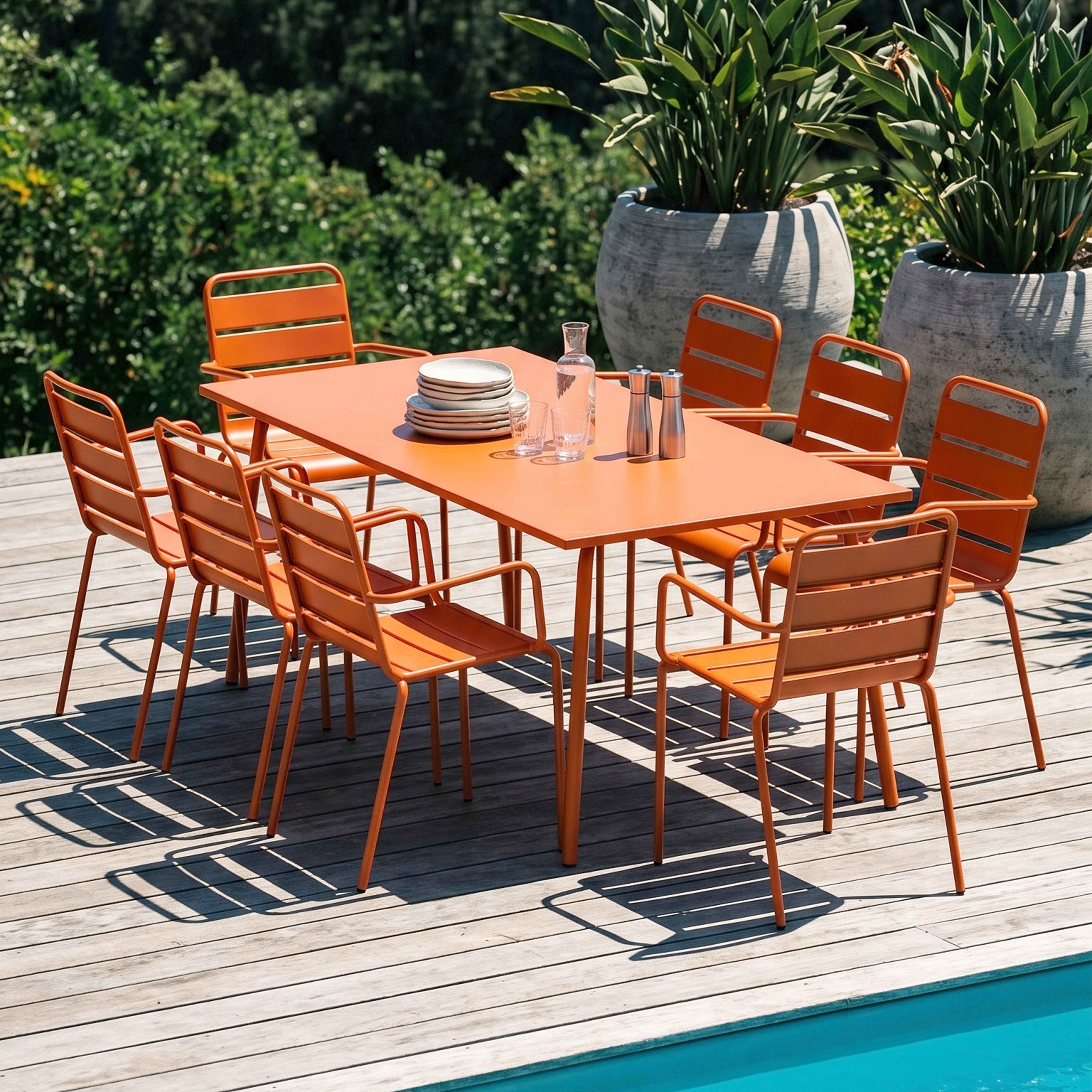Ein orangefarbener Gartentisch mit Stühlen auf einer Holzterrasse neben einem Pool.