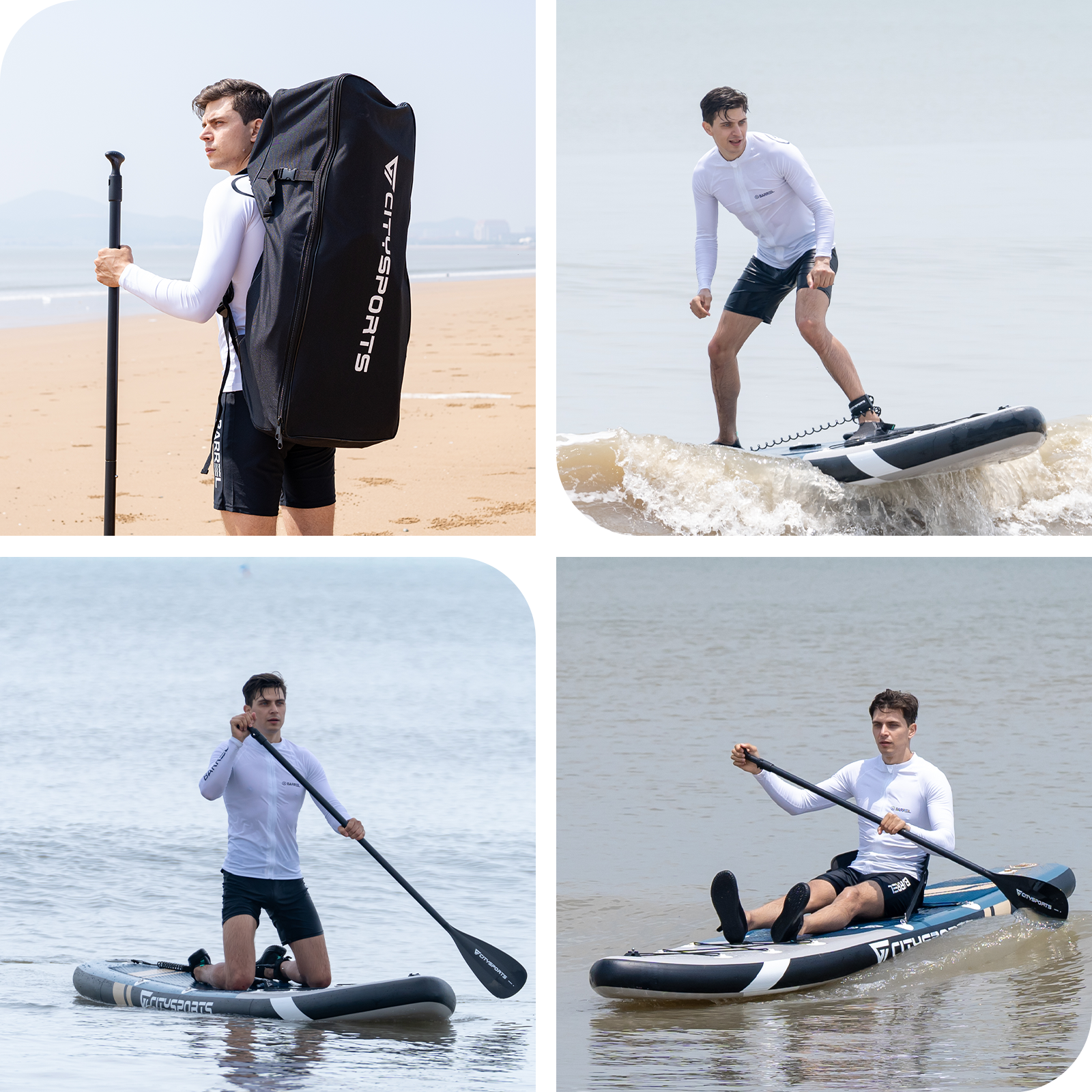 Uomo con pagaia e borsa sulla spiaggia, in piedi, in ginocchio e seduto su SUP.