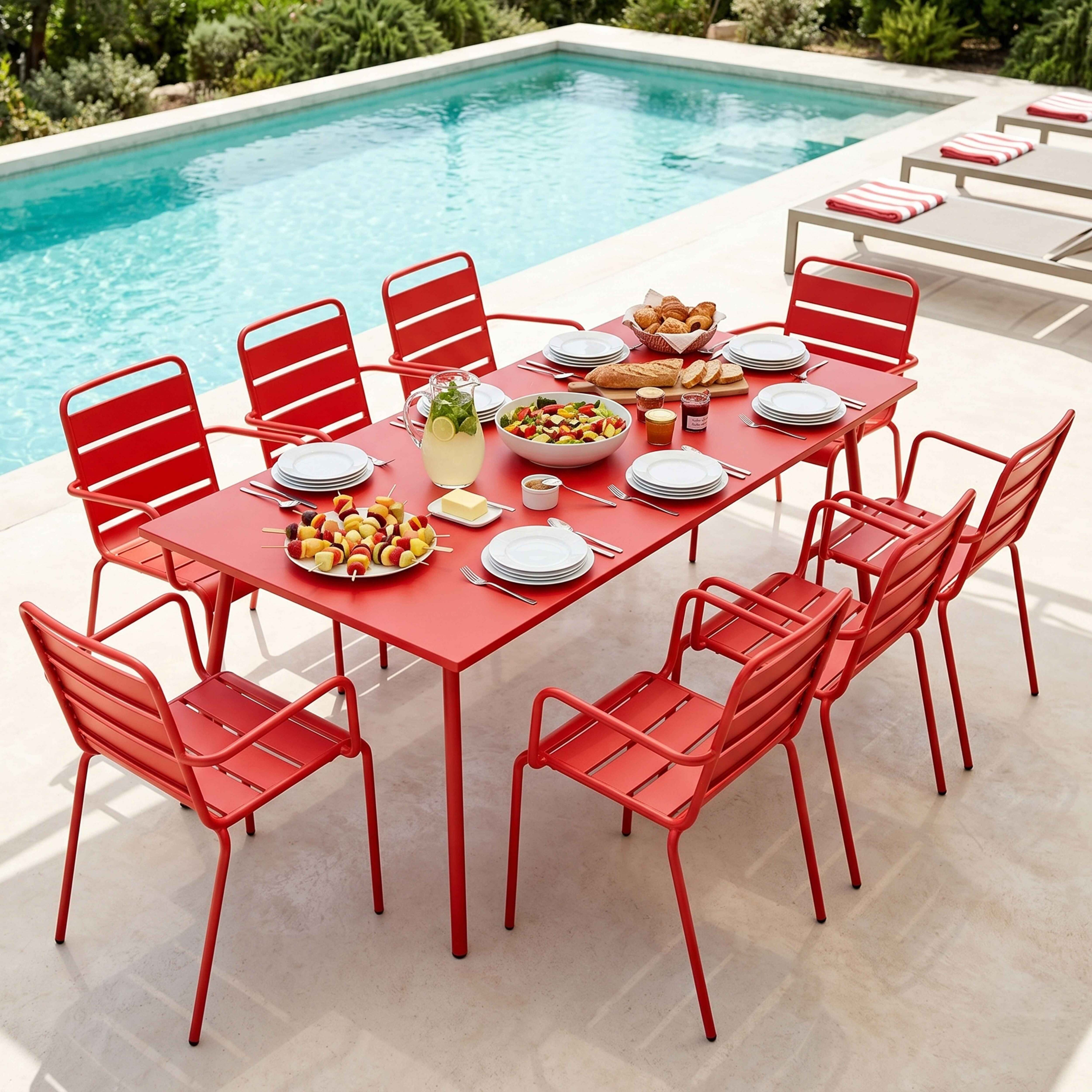 Roter Tisch mit Stühlen, gedeckt für ein Essen am Pool. Serviert werden Salat, Brot und Gebäck.