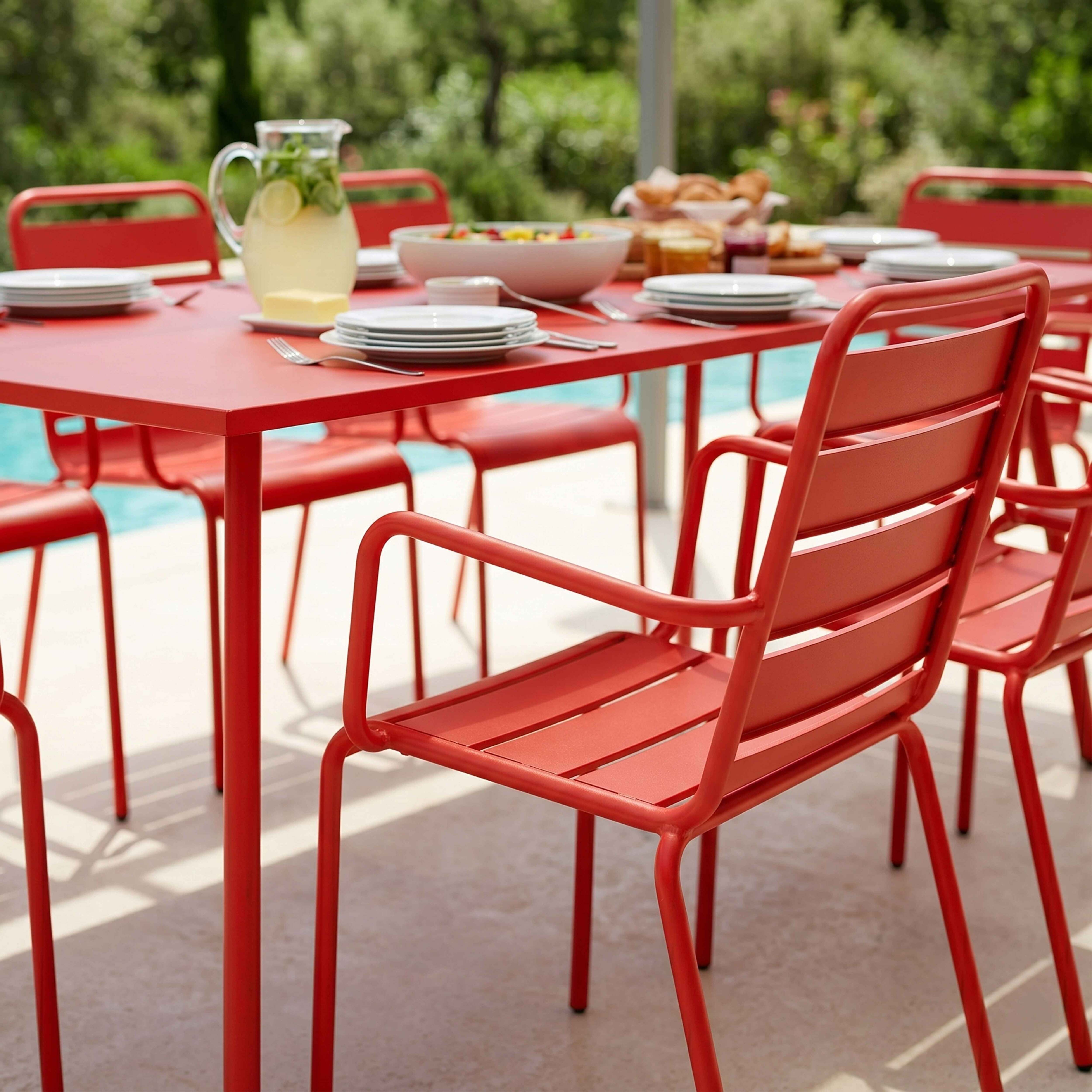 Roter Gartentisch mit Geschirr, Getränken und Sitzgelegenheiten am Pool.