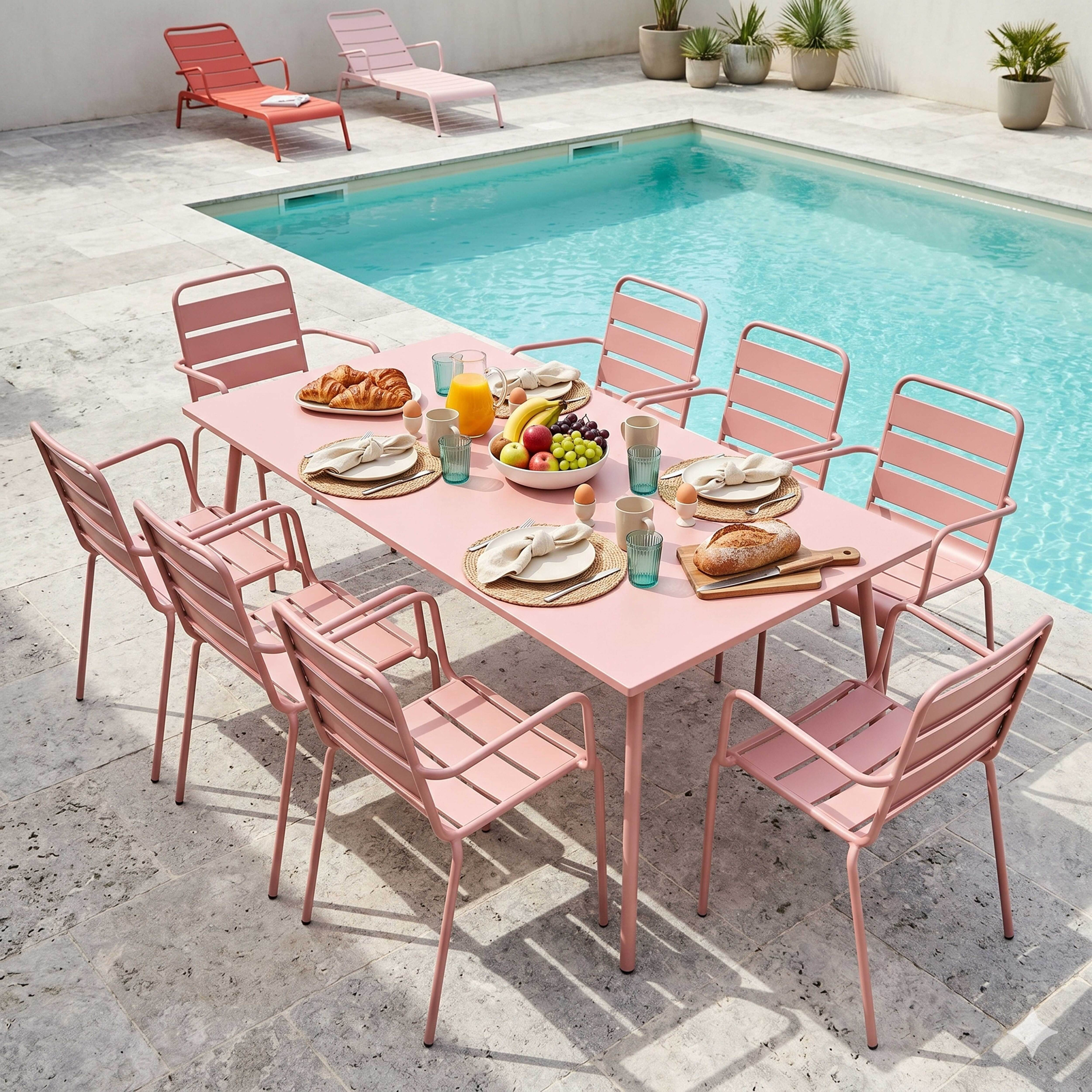 Ein pinkfarbenes Esszimmer-Set im Freien mit Speisen und Getränken steht neben einem Swimmingpool, mit zwei pinkfarbenen Liegestühlen in der Nähe.