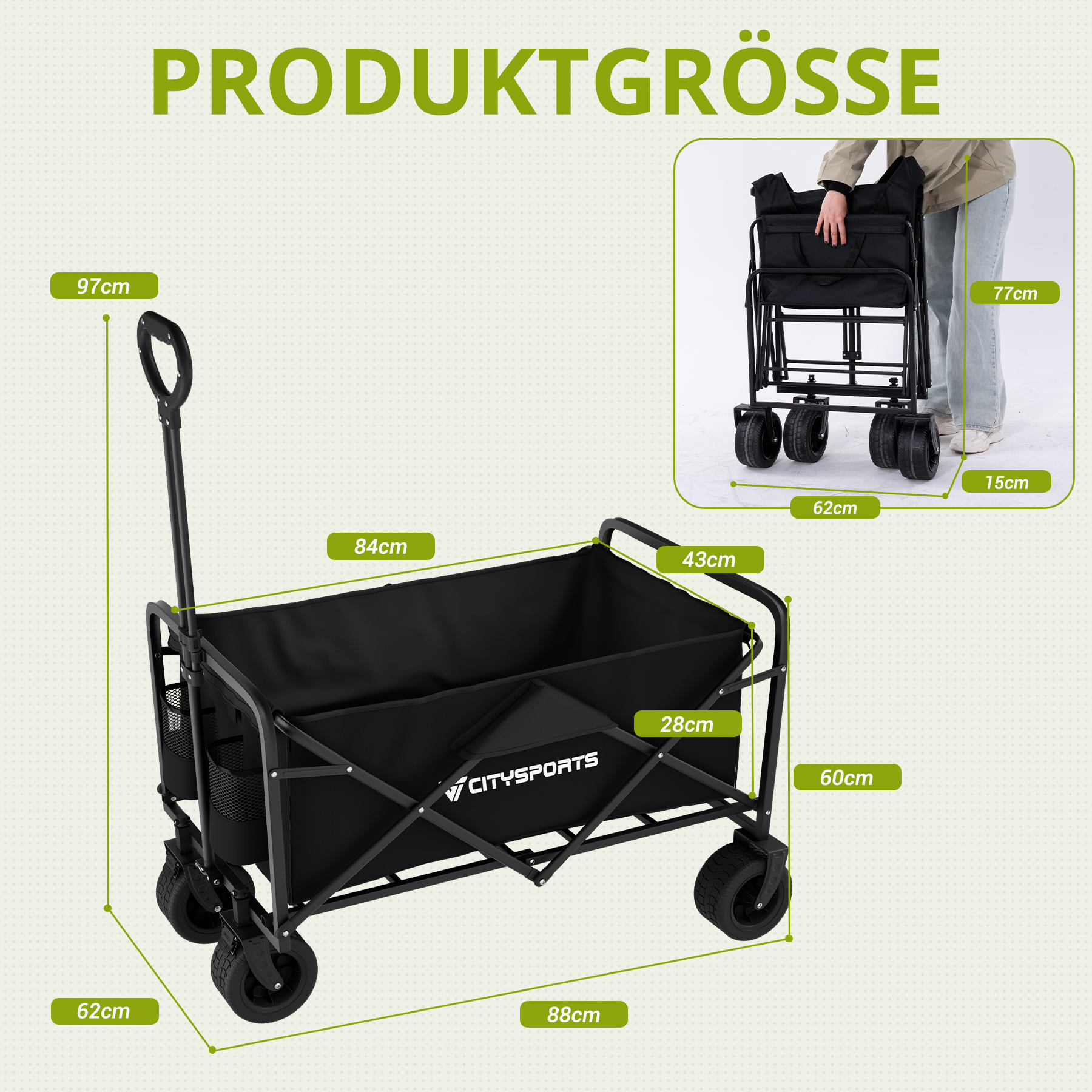 Ein schwarzer Faltwagen mit Maßen, die auf dem Bild angezeigt werden.