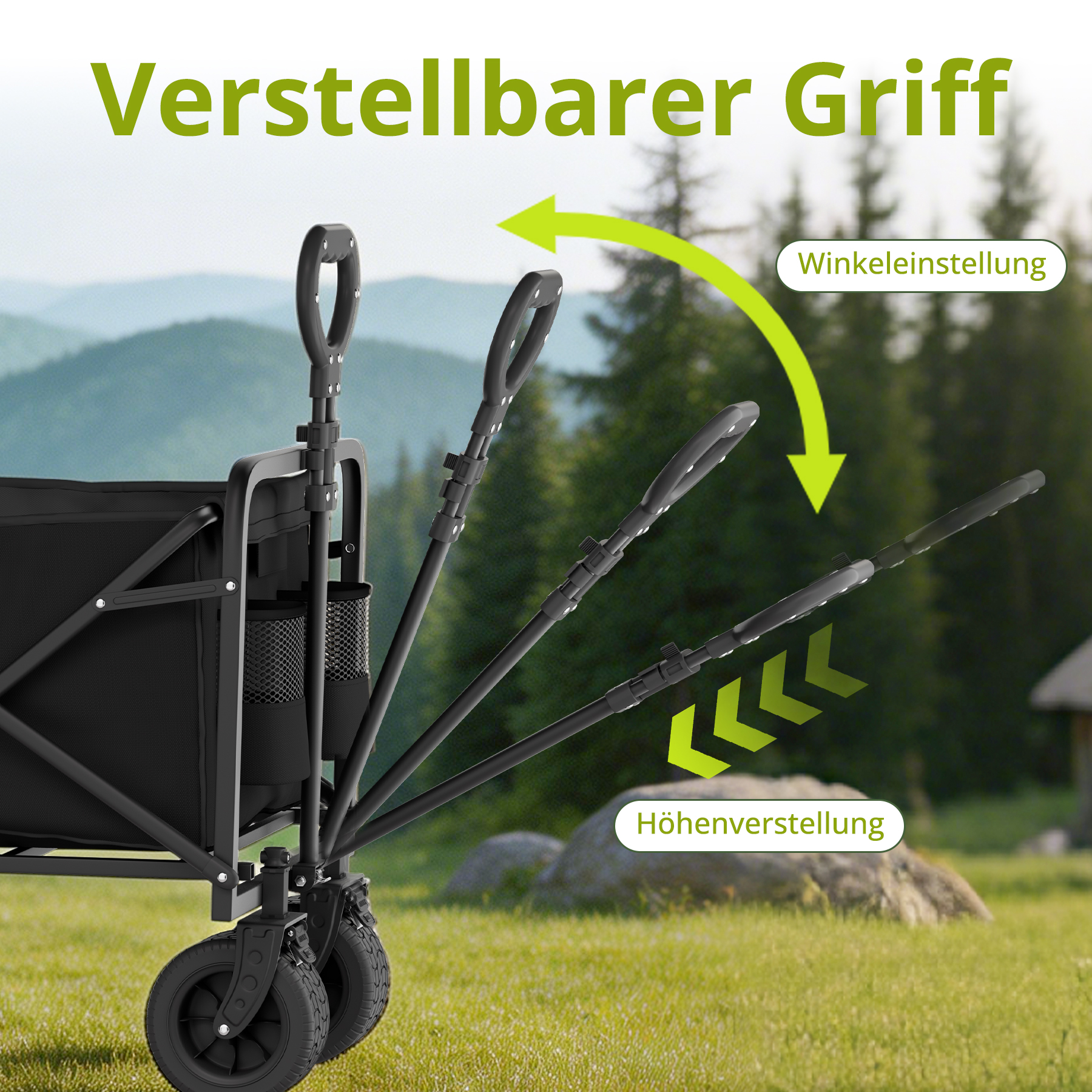 Schwarzer Bollerwagen mit verstellbarem Griff, im Freien auf Gras.