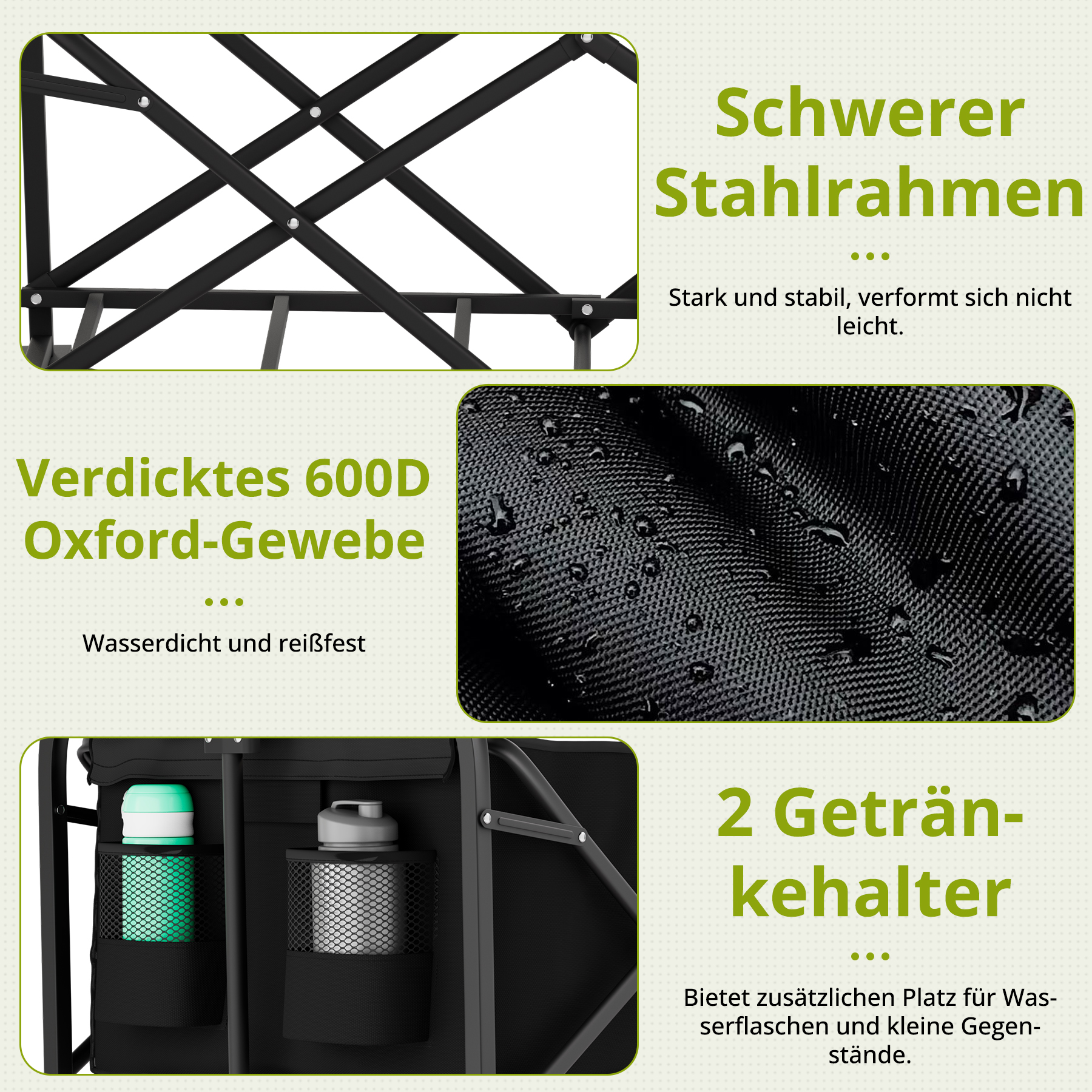 Collage zeigt einen schweren Stahlrahmen, wasserdichtes Oxford-Gewebe mit Wassertropfen, zwei Getränkehalter.