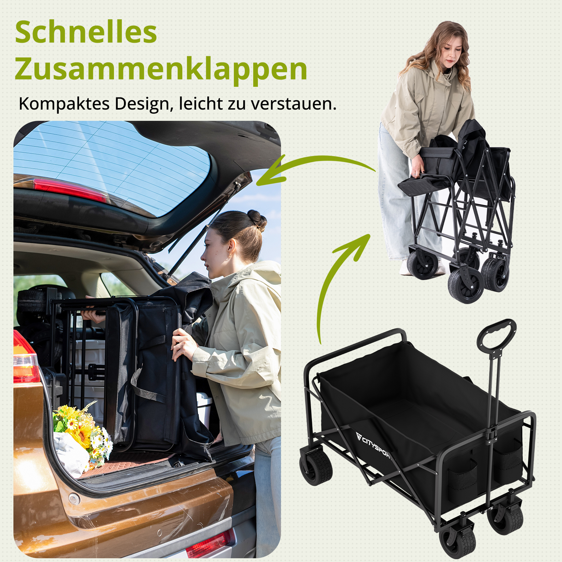Eine Frau lädt eine schwarze Faltkarre in ein Auto, das im Freien geparkt ist.