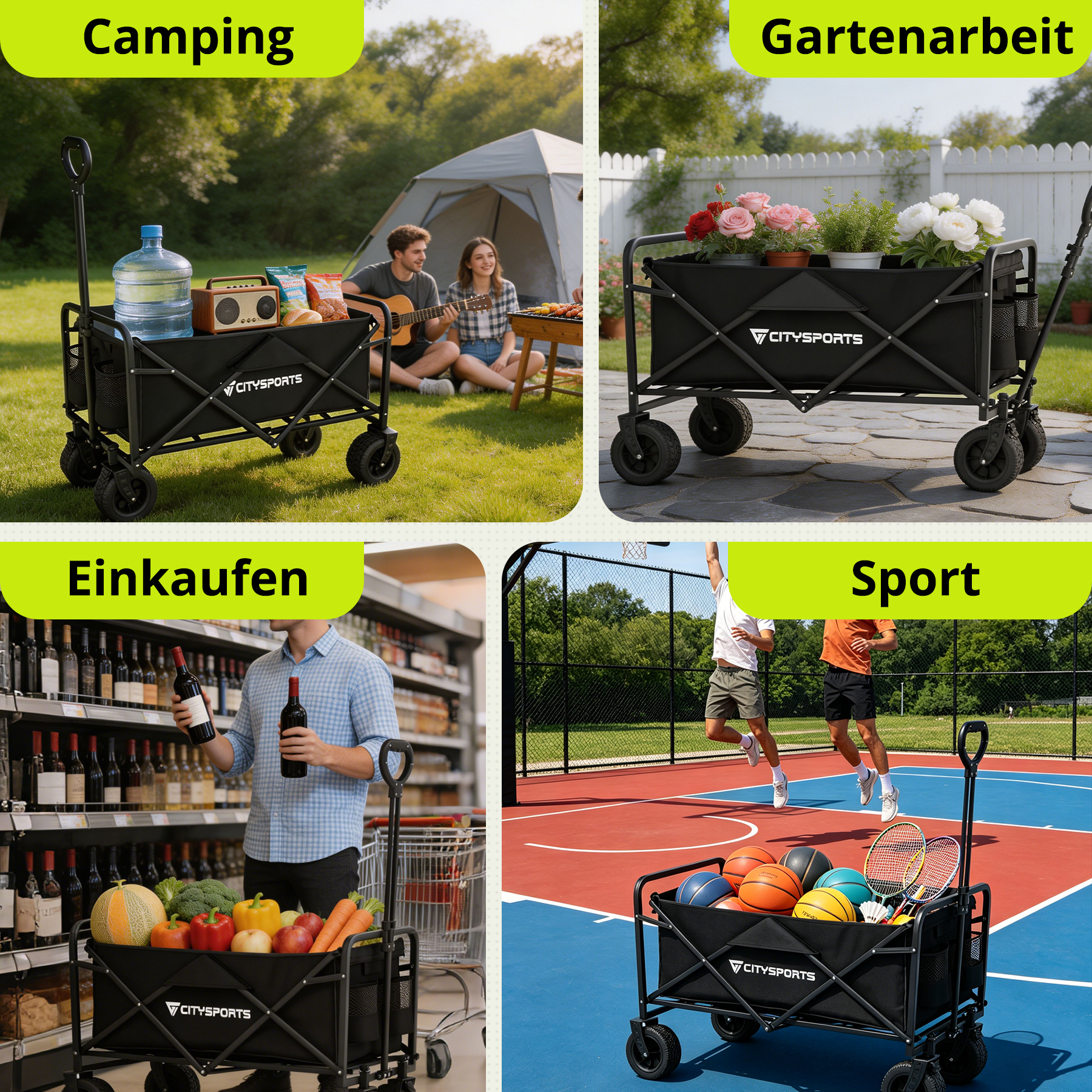 Vier Szenen: Camping mit Wagen, Gartenarbeit mit Blumen, Einkaufen mit Lebensmitteln, Sport mit Bällen.