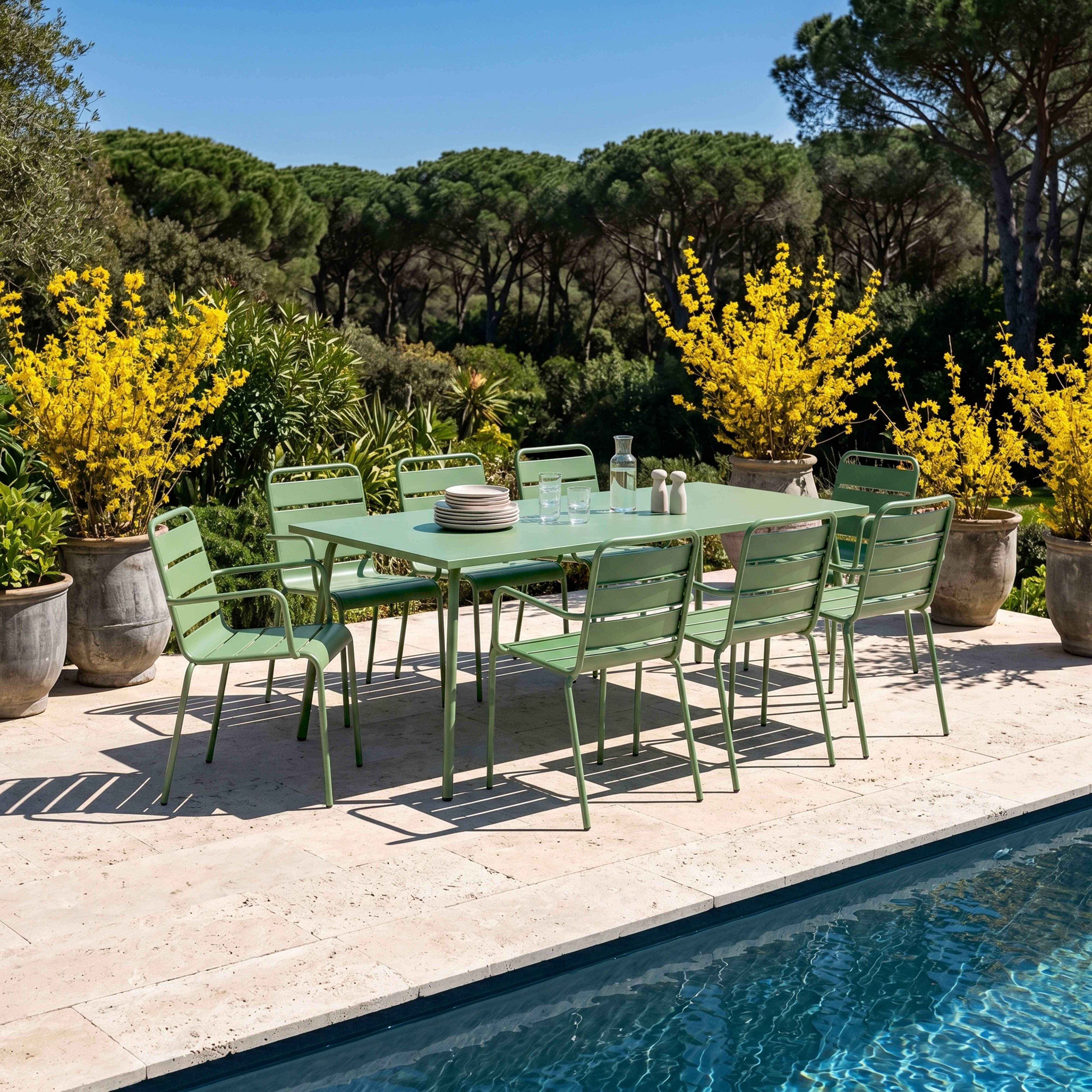 Grüne Gartenmöbel am Pool unter gelben blühenden Büschen, sonniger Tag.