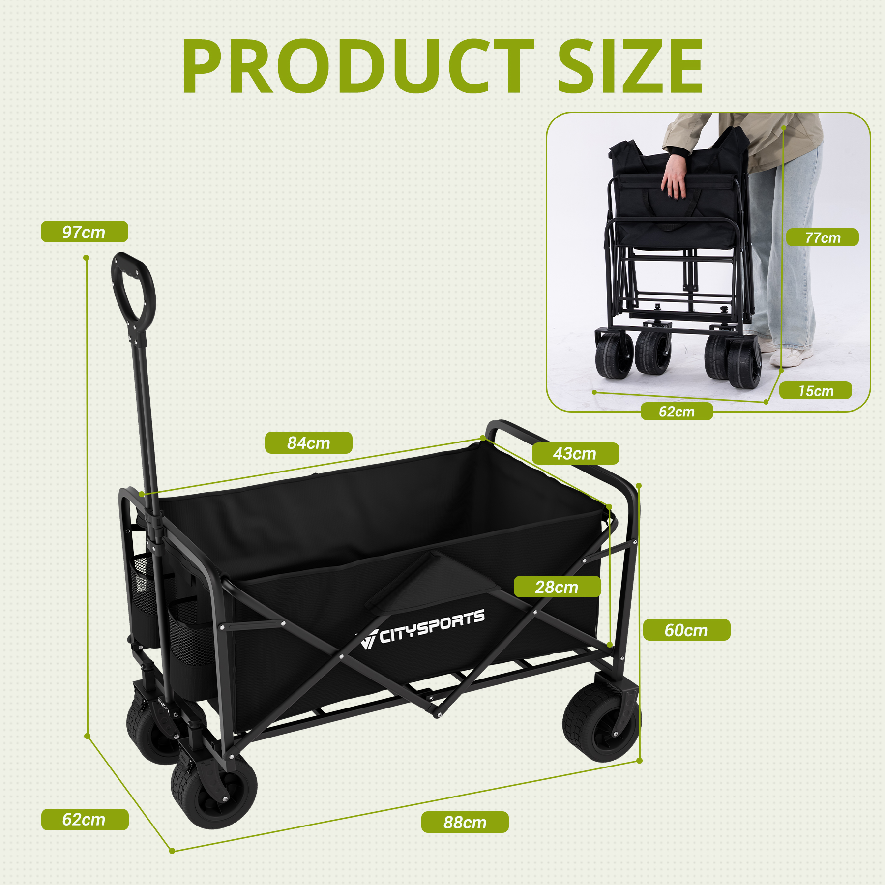 Un chariot pliable noir avec dimensions et une personne le pliant.