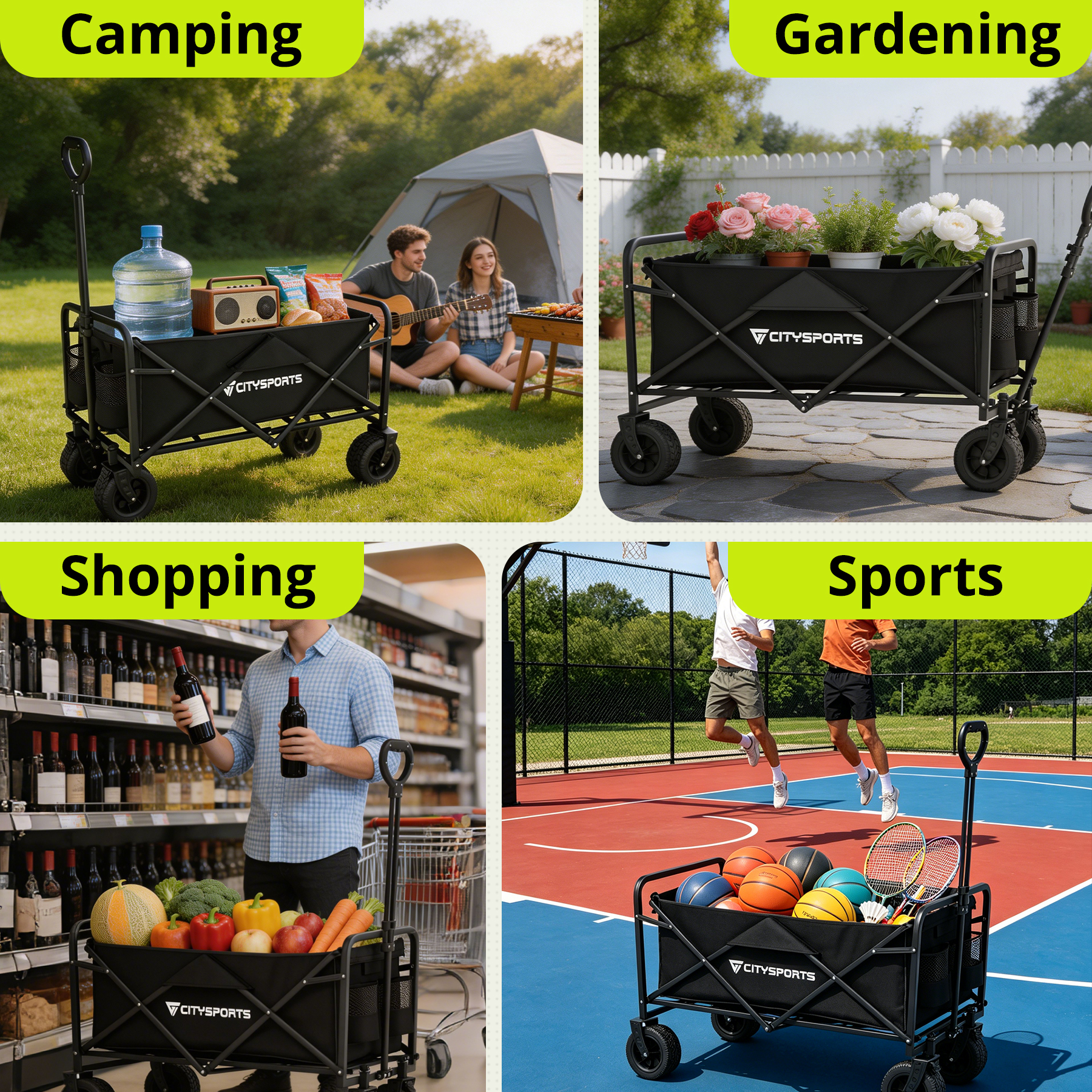Quatre scènes : camping, jardinage, shopping, sports. Chariots noirs.