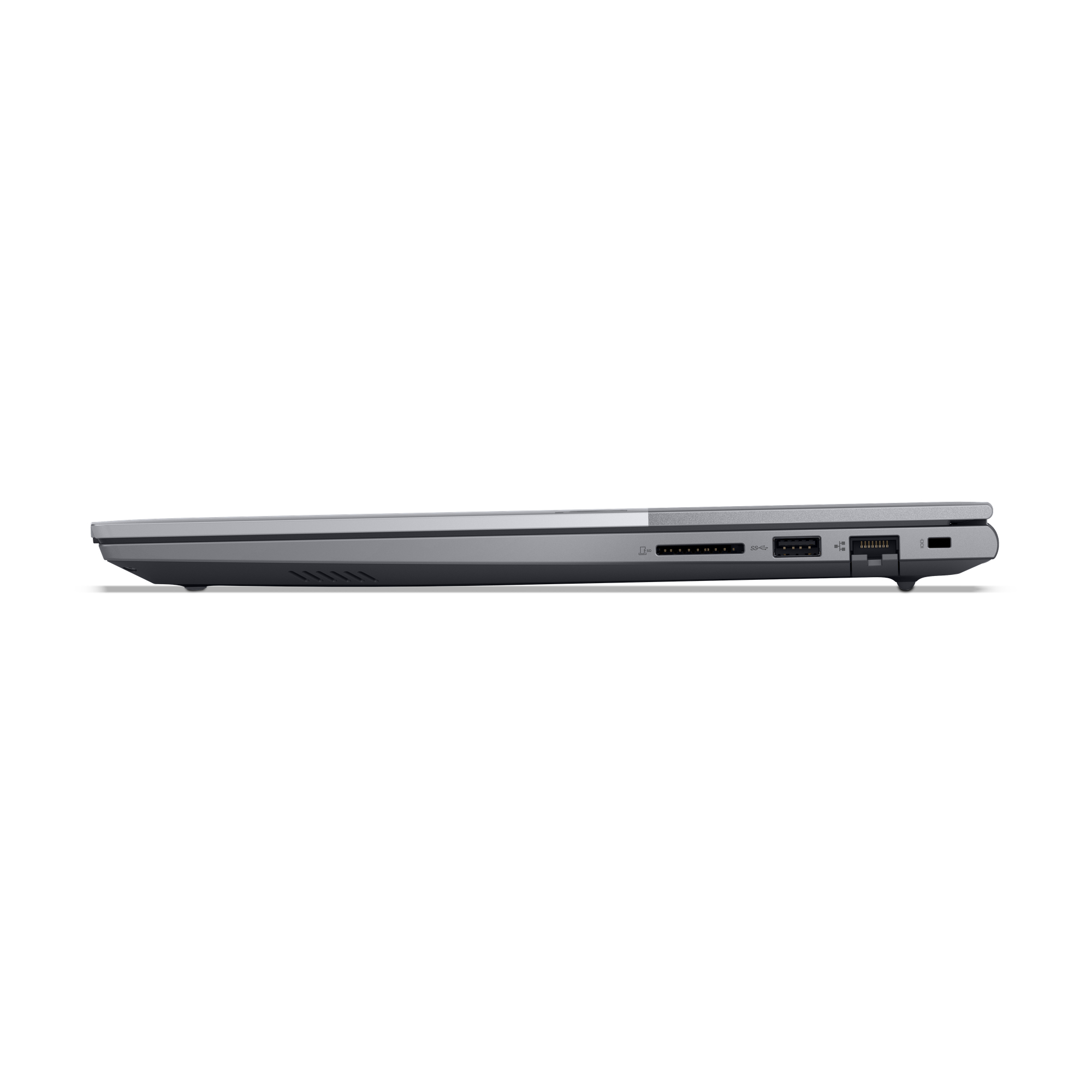 Vista laterale di un laptop grigio con porte: lettore di schede SD, USB, HDMI.
