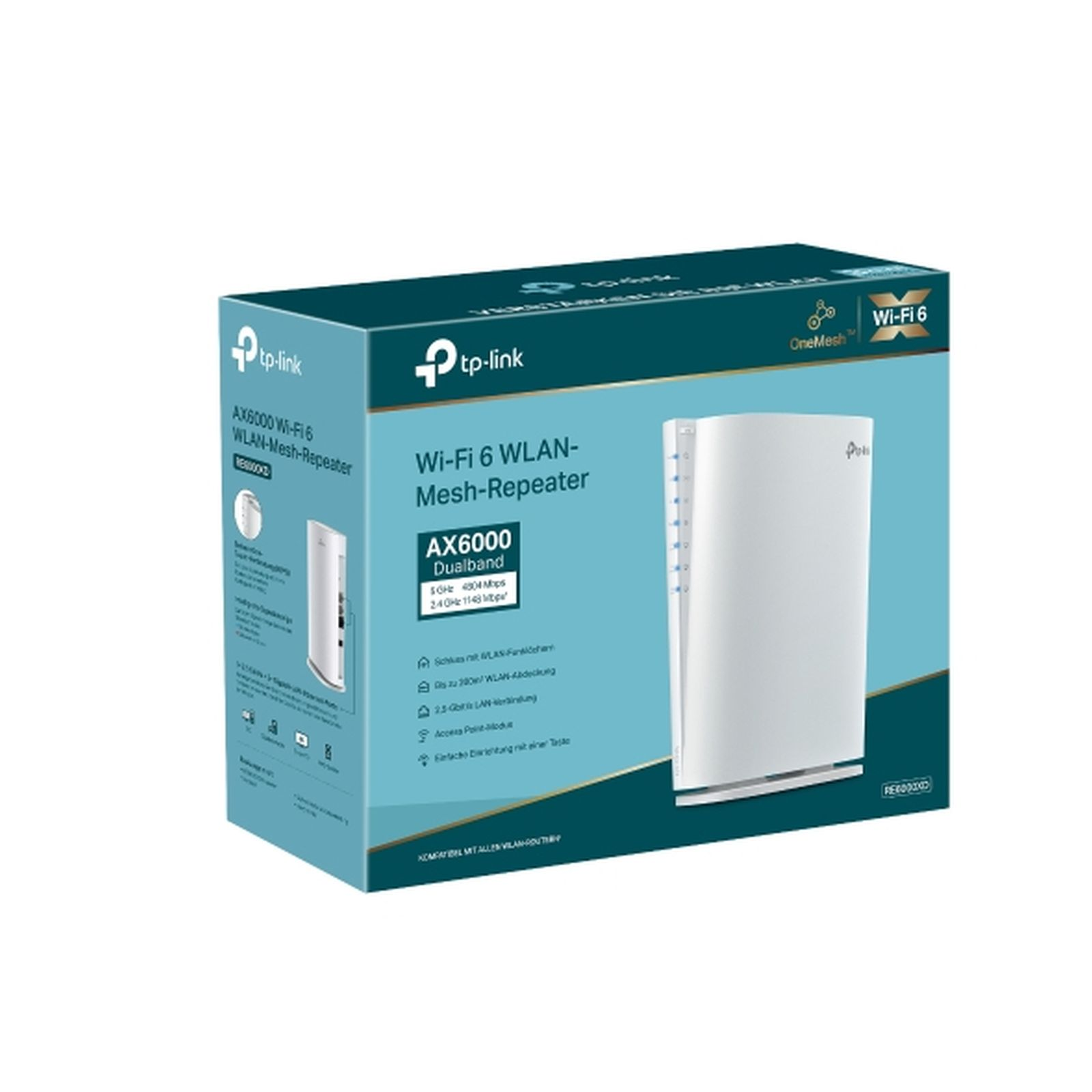 Emballage d'un répéteur Wi-Fi 6 TP-Link AX6000 WLAN Mesh blanc.