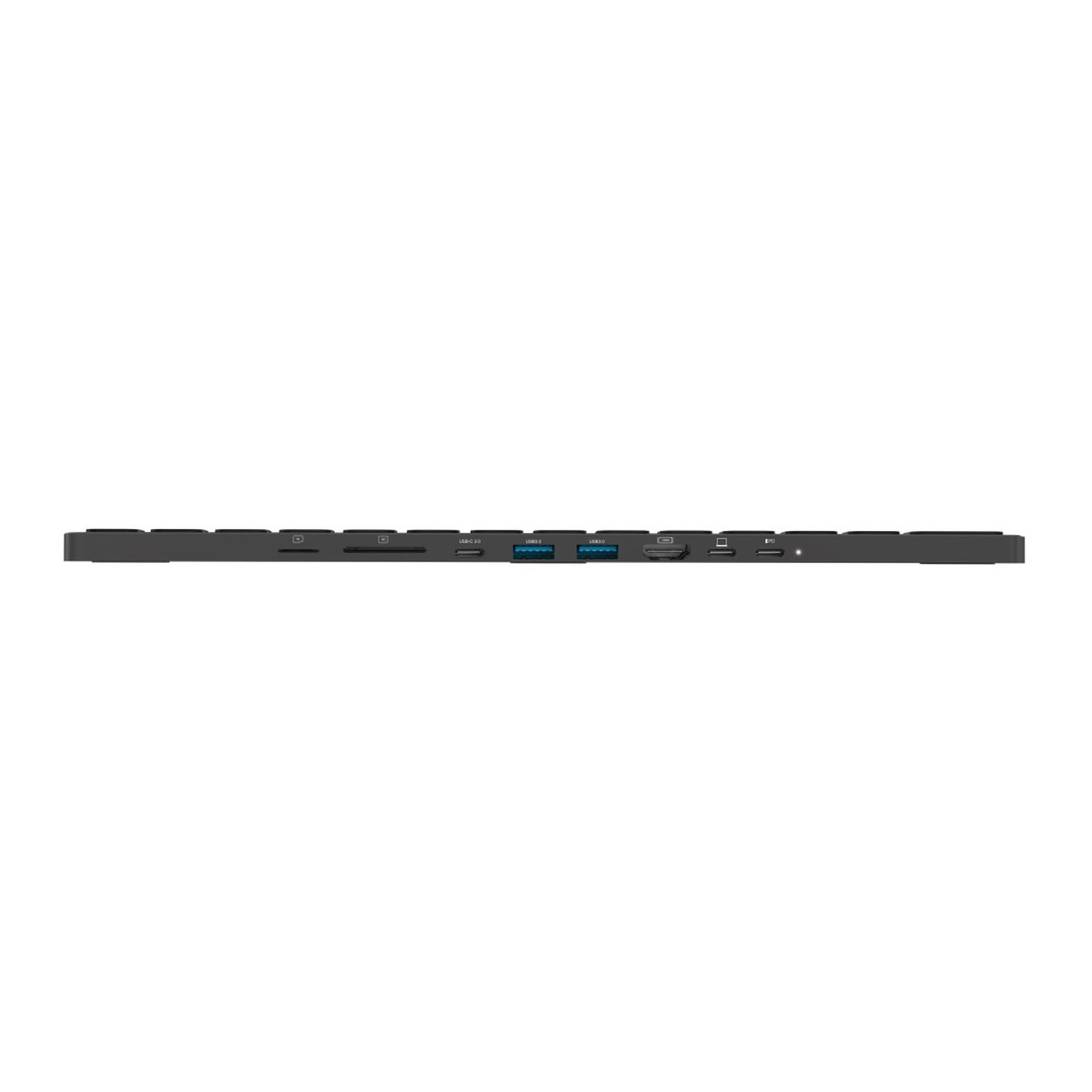Hub USB-C negro con ranura para tarjeta SD, HDMI y puertos USB.