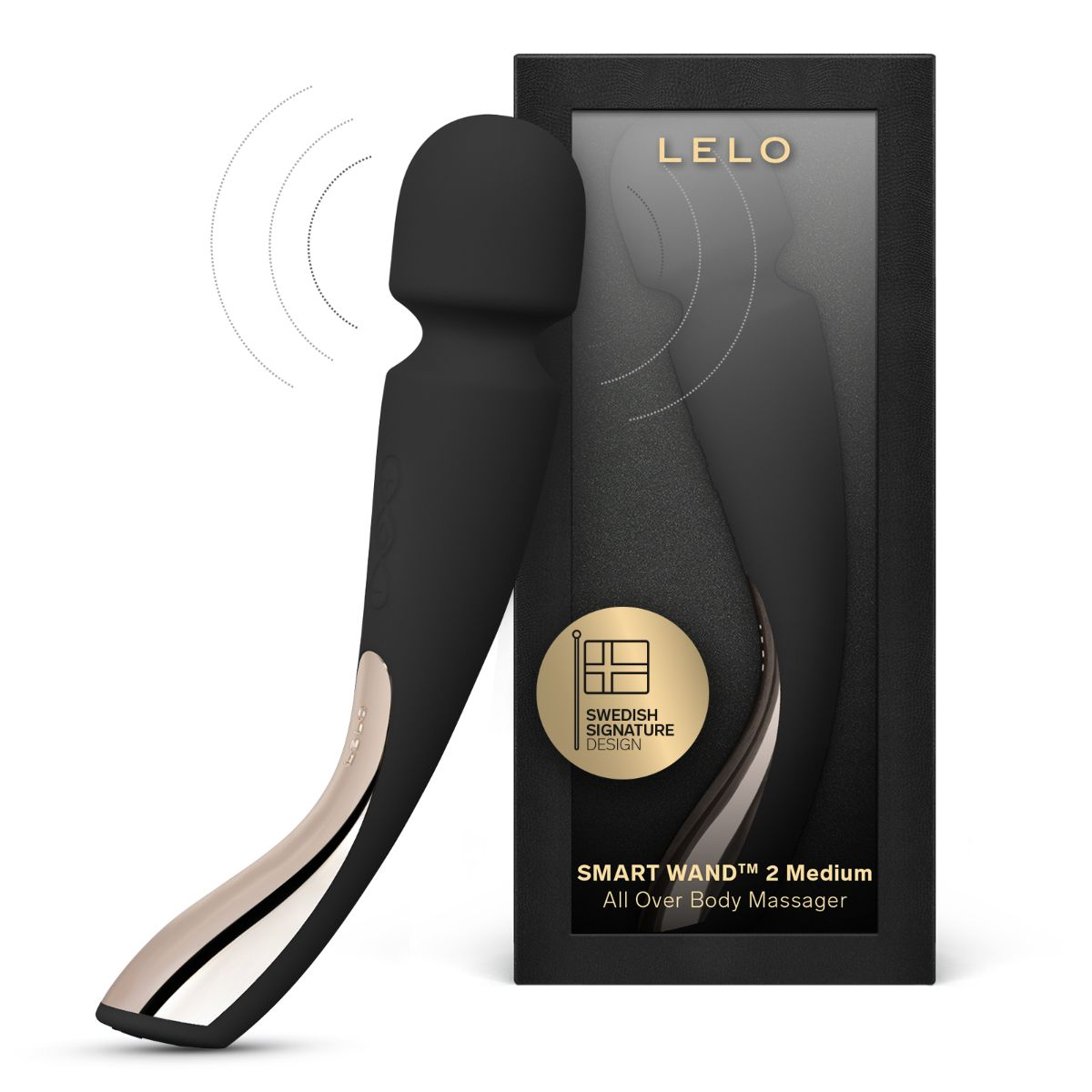 Schwarzer LELO Smart Wand mit goldenem Griff und Verpackung.