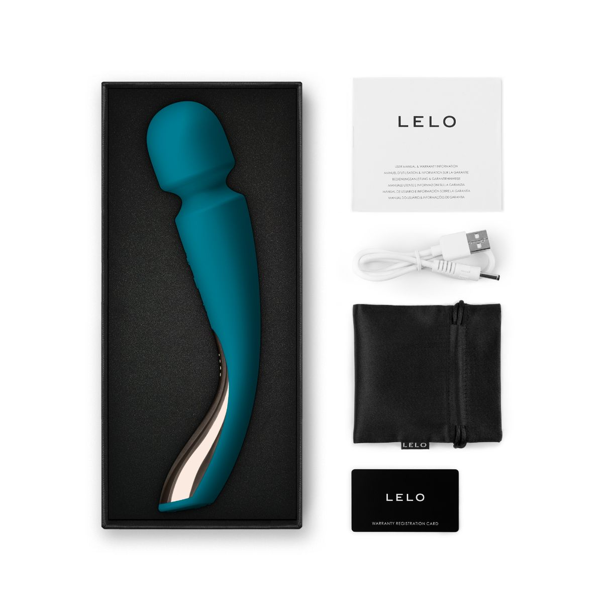 Ein türkiser Vibrator in einer schwarzen Box, daneben ein Handbuch, Ladekabel und Tasche.