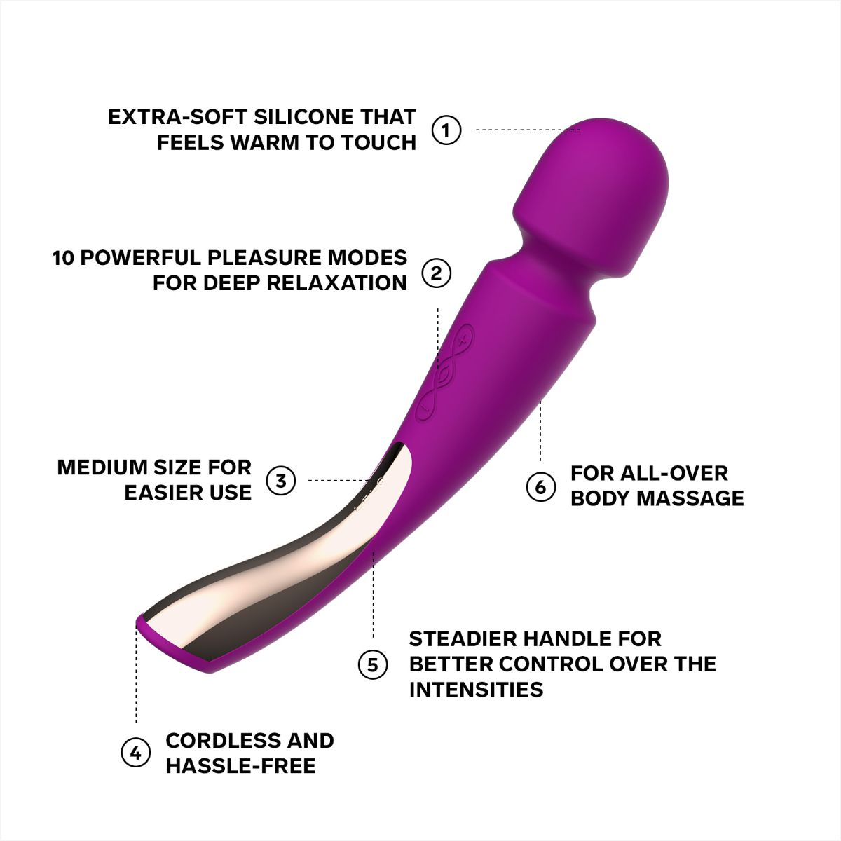 Lila Massagegerät mit silbernem Detail. Extra-weiches Silikon, 10 Modi.