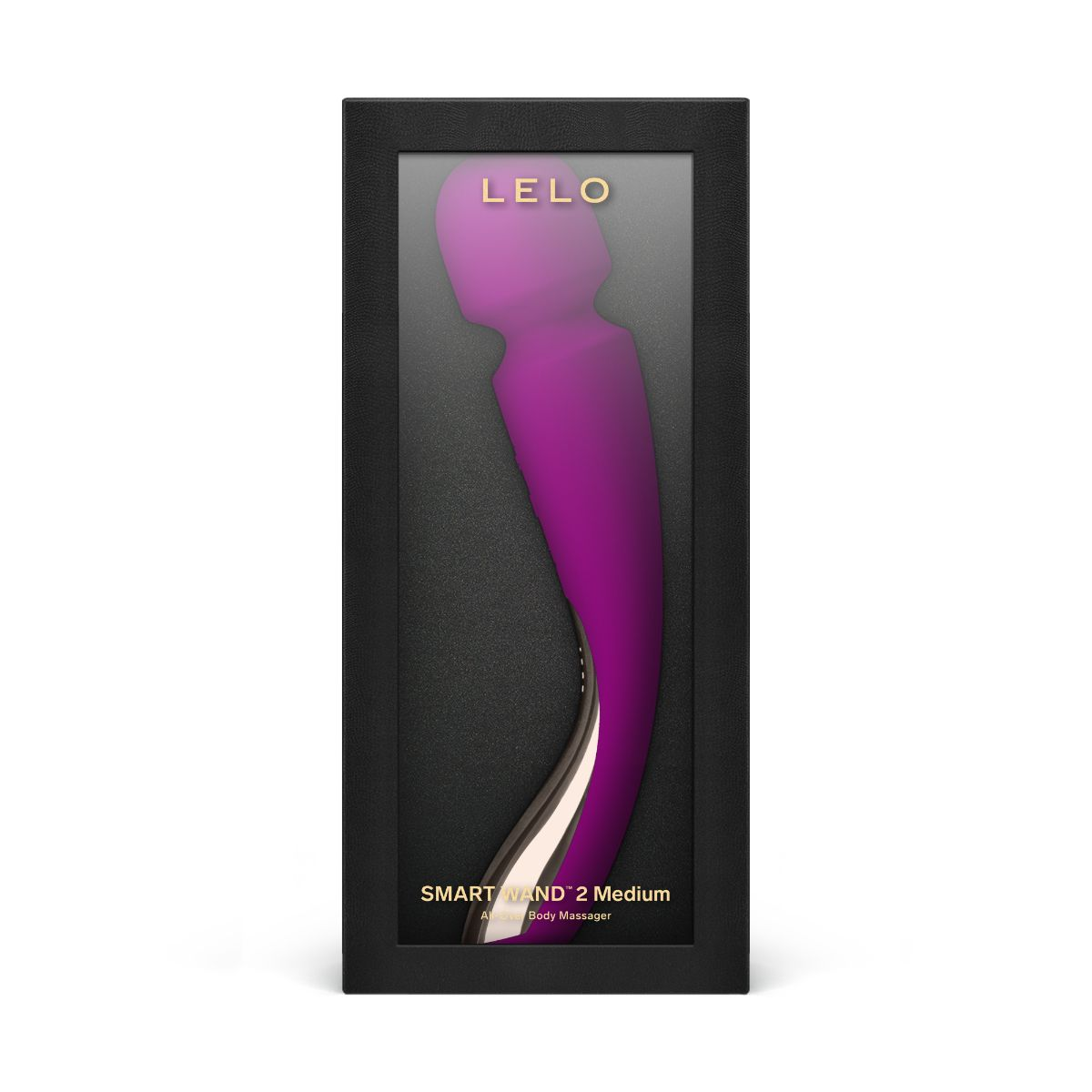 Ein violetter LELO Smart Wand 2 Medium Körpermassagegerät in schwarzer Verpackung.