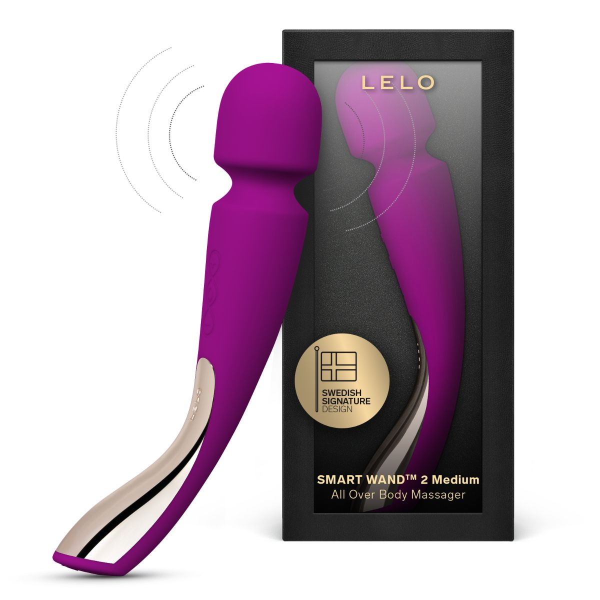 Lila Massagestab in Verpackung, mit schwedischem Design-Siegel.