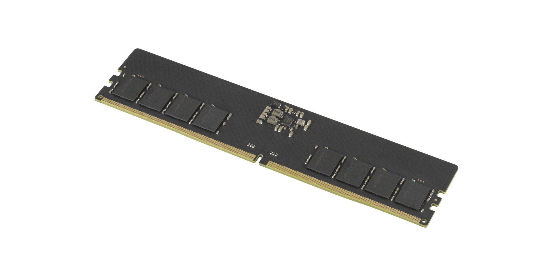 Un modulo RAM nero con contatti e chip dorati.