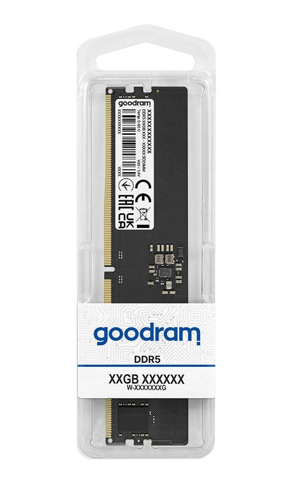Modulo RAM Goodram DDR5 in confezione di plastica trasparente con dettagli prodotto.