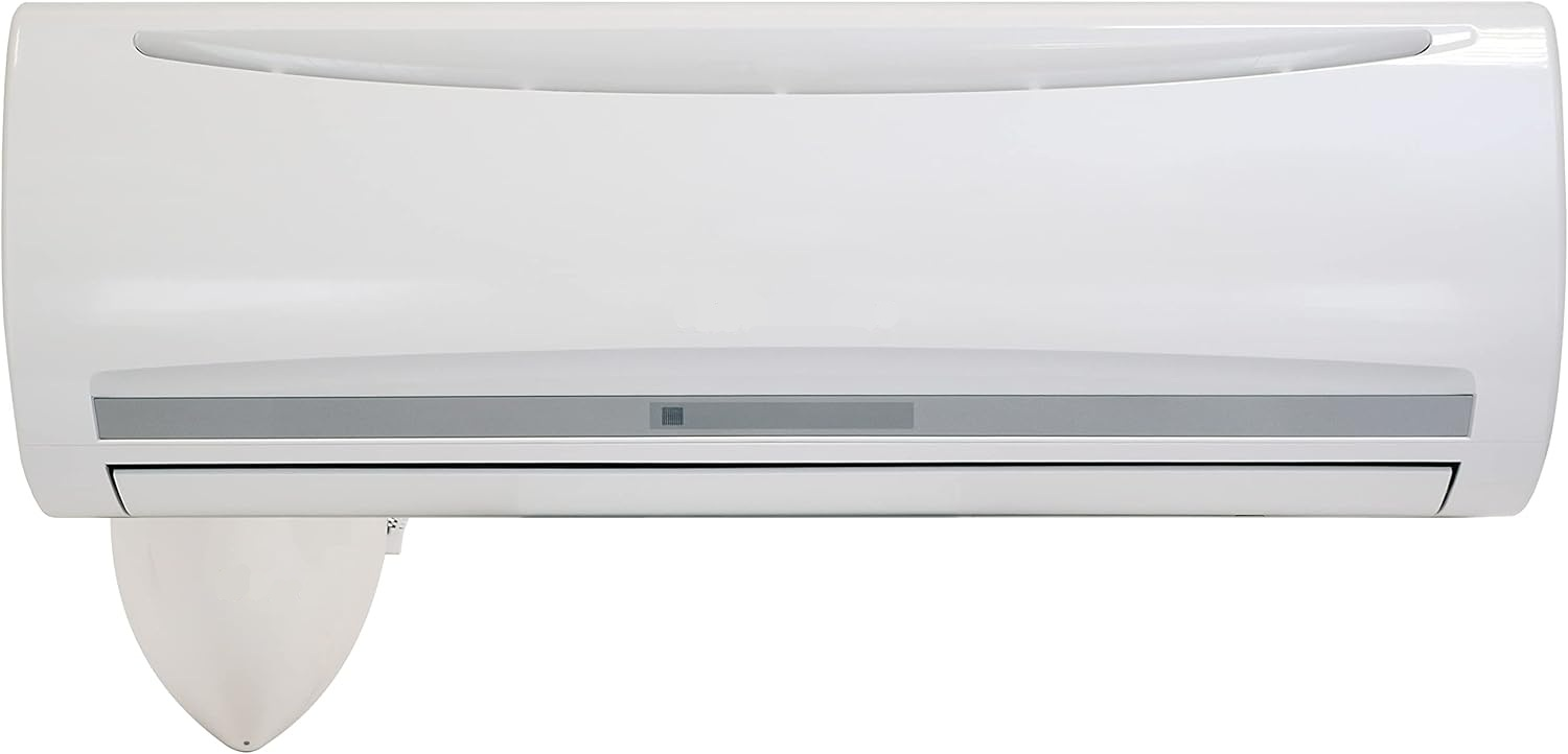 Un aire acondicionado blanco de pared con franja y ventilación grises.