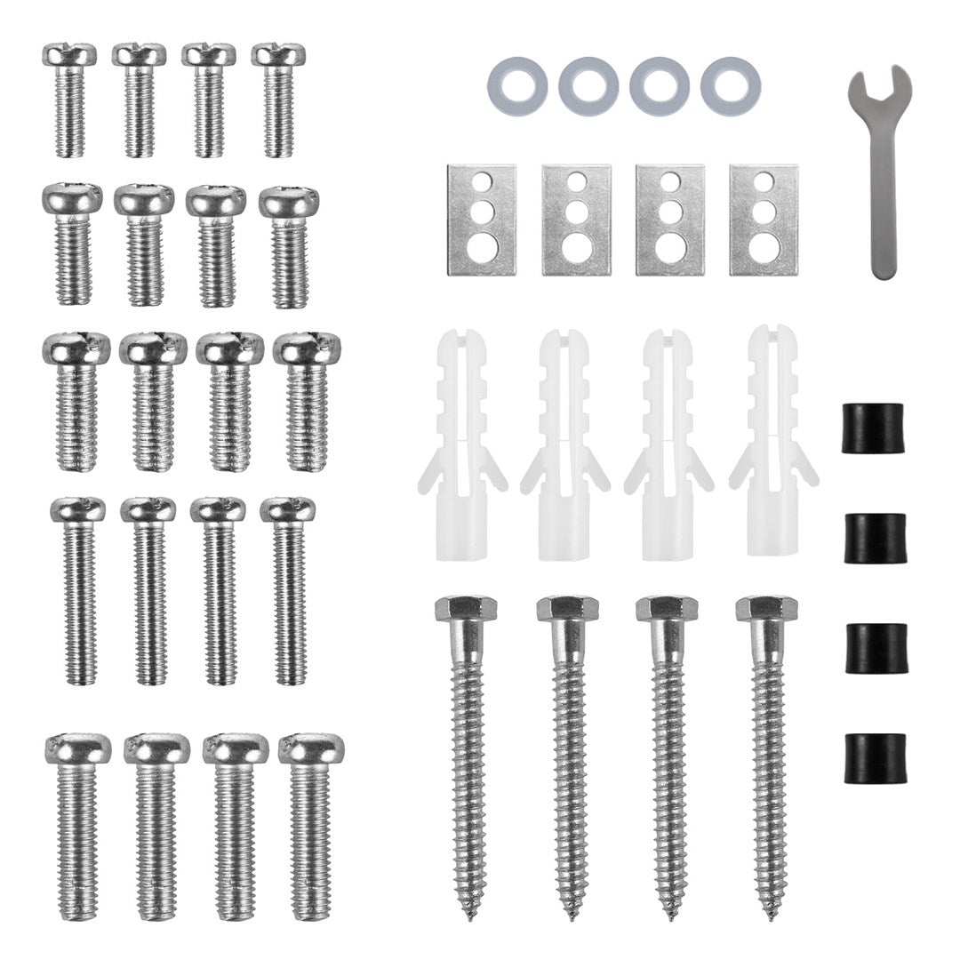 Assortment of screws, washers, wall plugs, and a wrench.