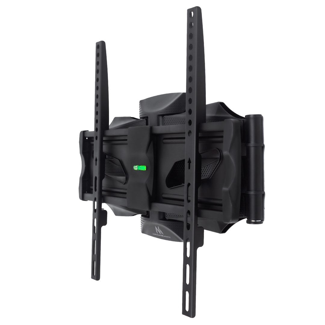 A black adjustable TV wall mount with a built-in level and mounting arms.