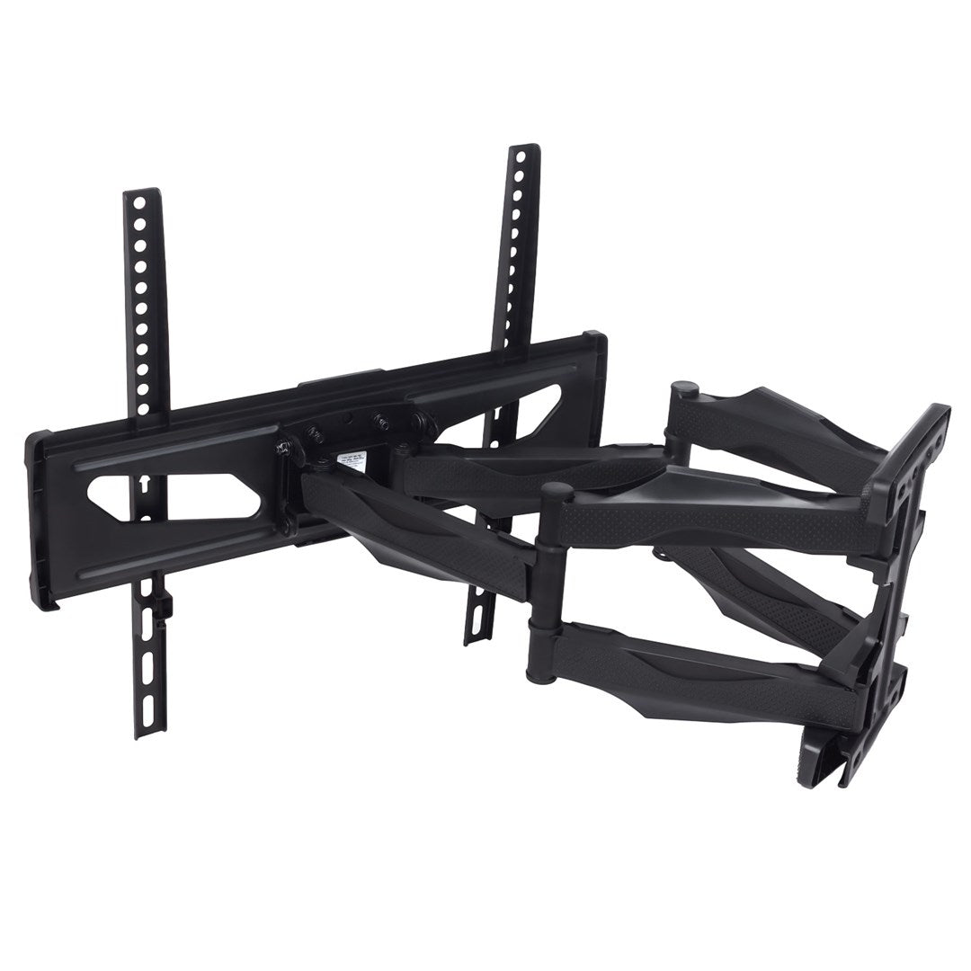 Black articulating TV wall mount with adjustable arms and mounting brackets.