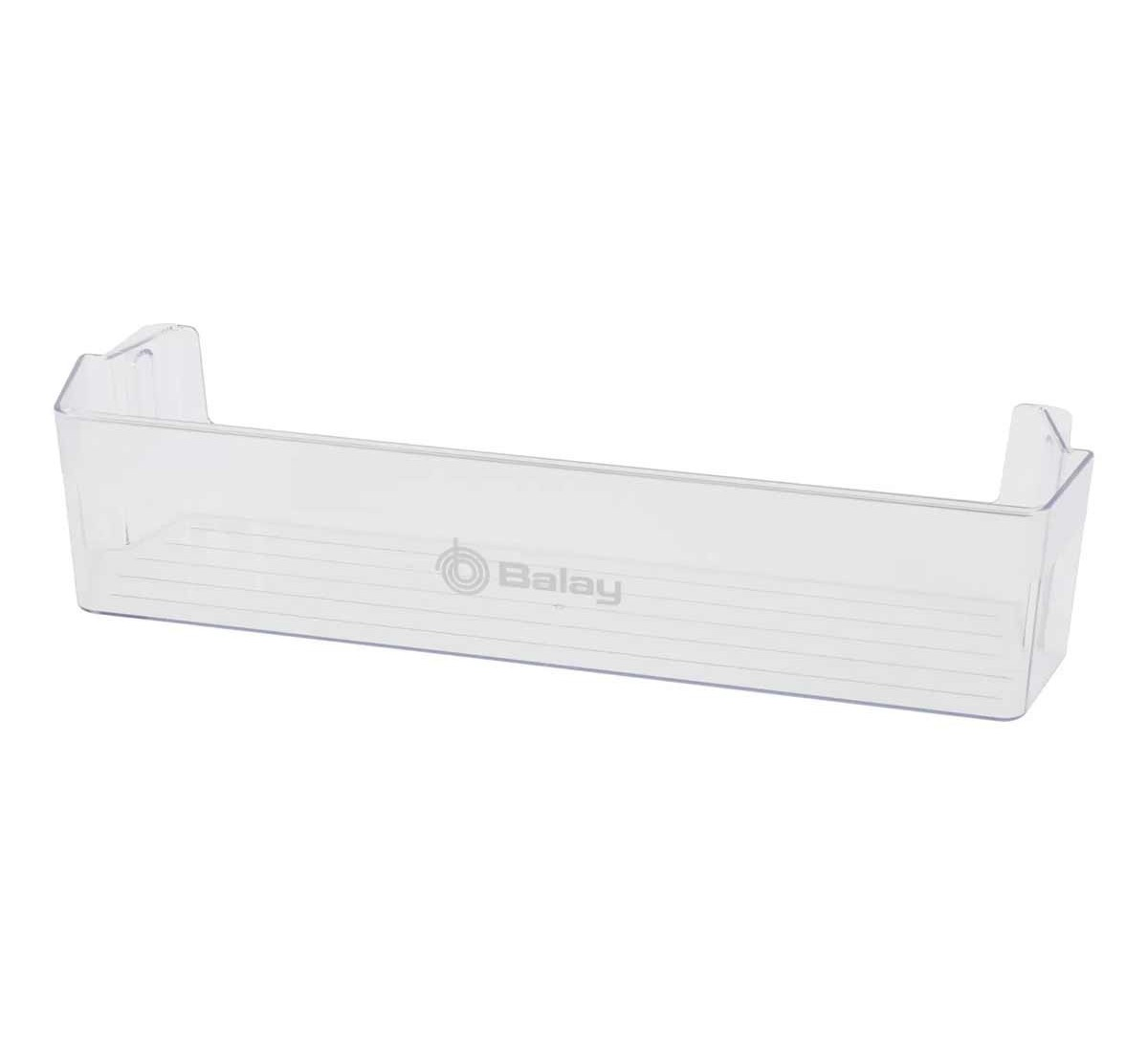 Un estante de puerta de refrigerador Balay de plástico transparente con líneas.