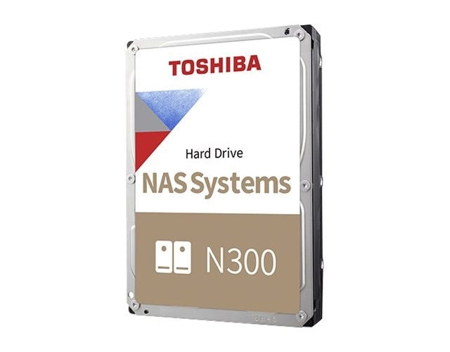 Disco duro Toshiba NAS Systems N300 con gráfico rojo, azul y gris.