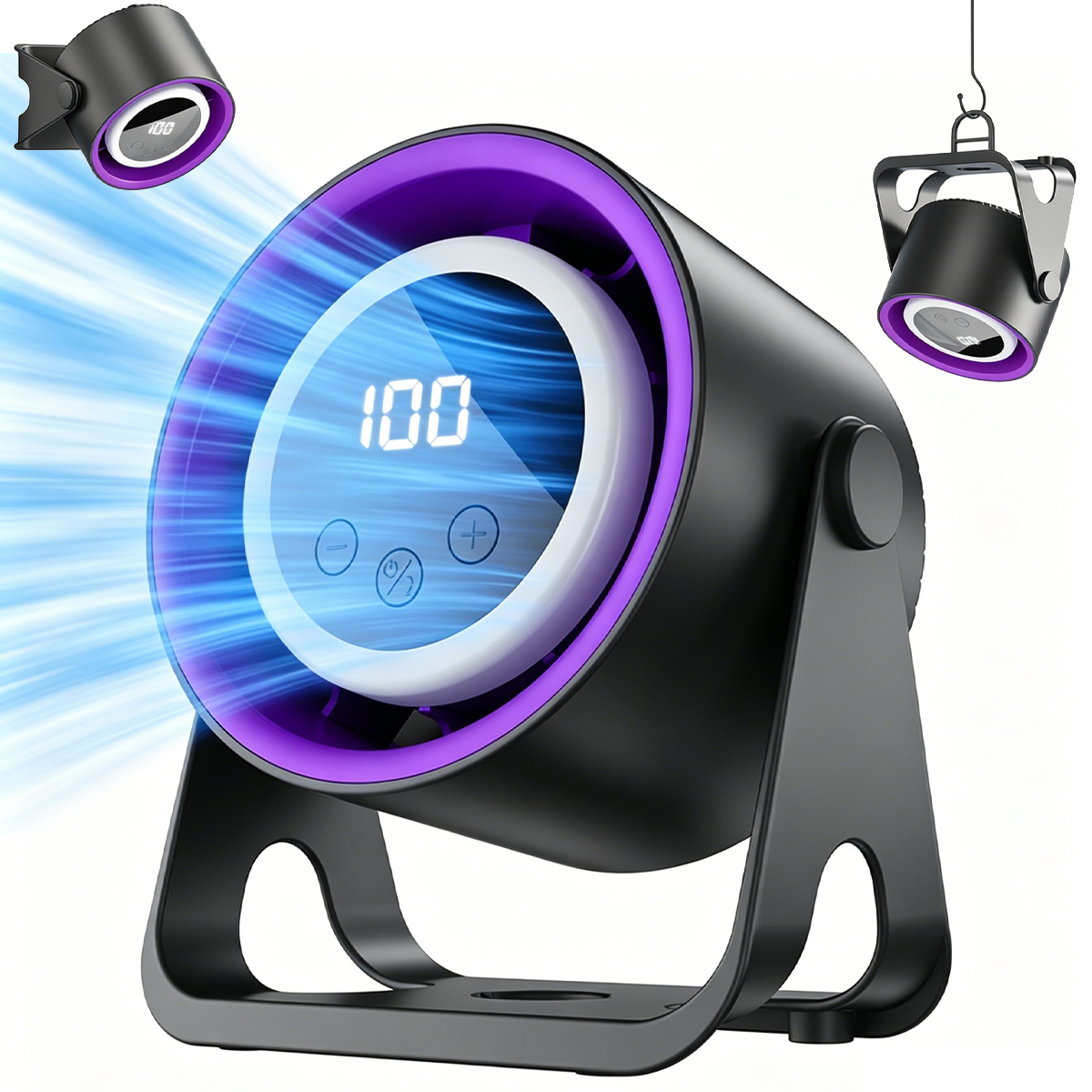 Ein schwarzer Ventilator mit lila Rand und digitaler Anzeige bläst blaue Luft.